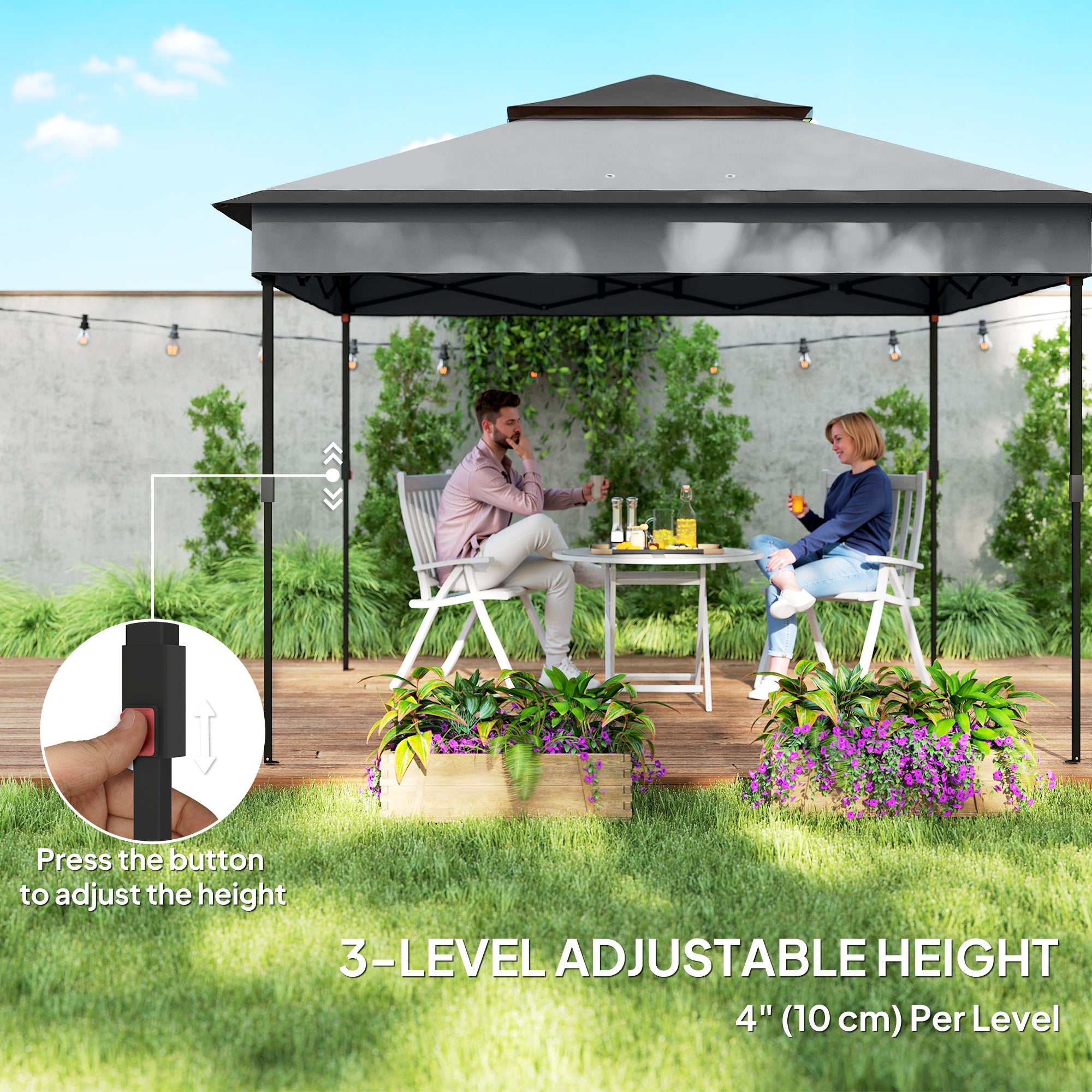 10.7 x 10.7ft Pop Up Gazebo, Adjustable Instant Sun Shelter with UV30+ Roof Cover, Removable Mesh Curtains, Dark Grey