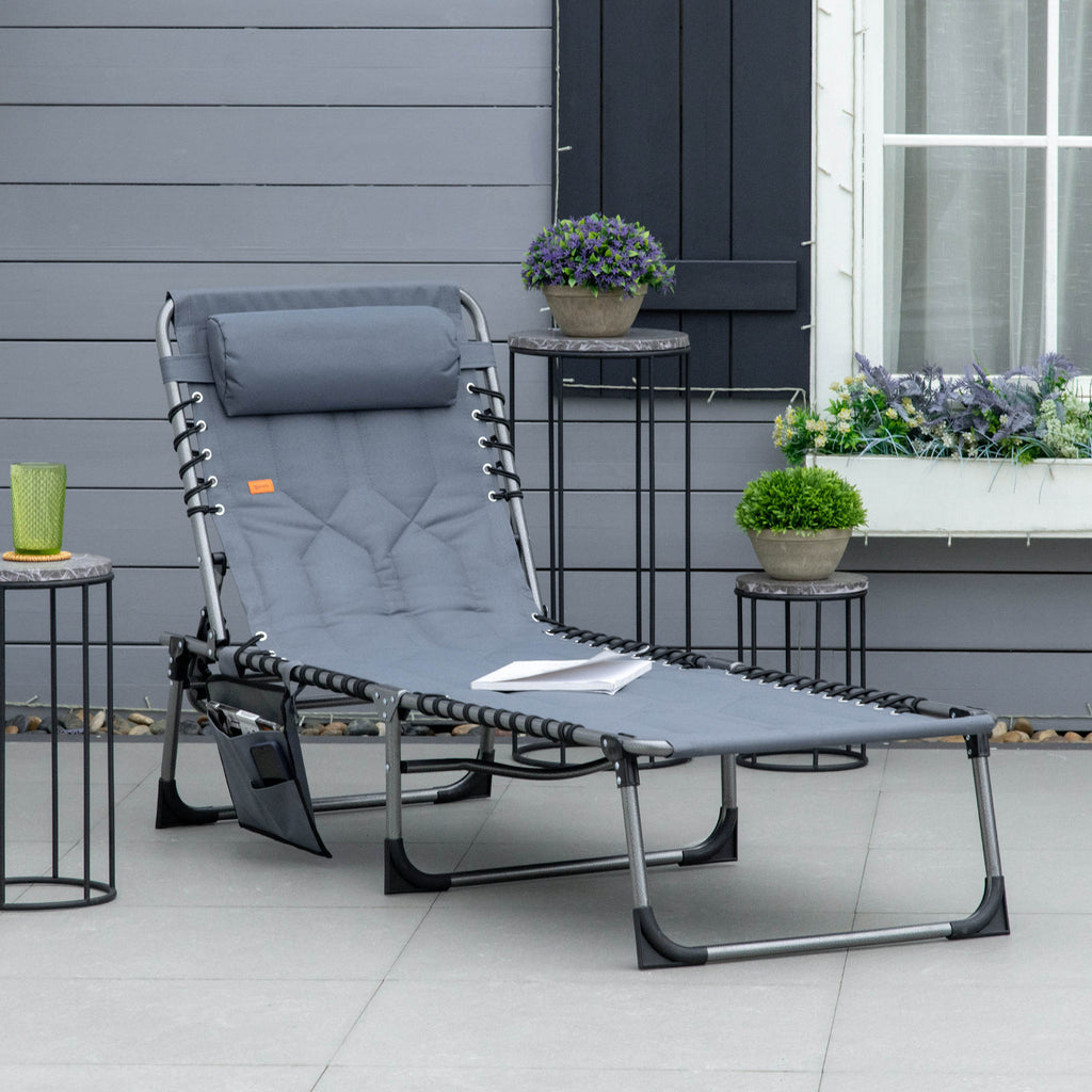 Outdoor Lounge Chair, Folding Chaise Lounge, Patio Padded Tanning Chair with 5-position Adjustable Backrest, Pillow and Pocket for Deck, Beach, Lawn and Sunbathing, Grey