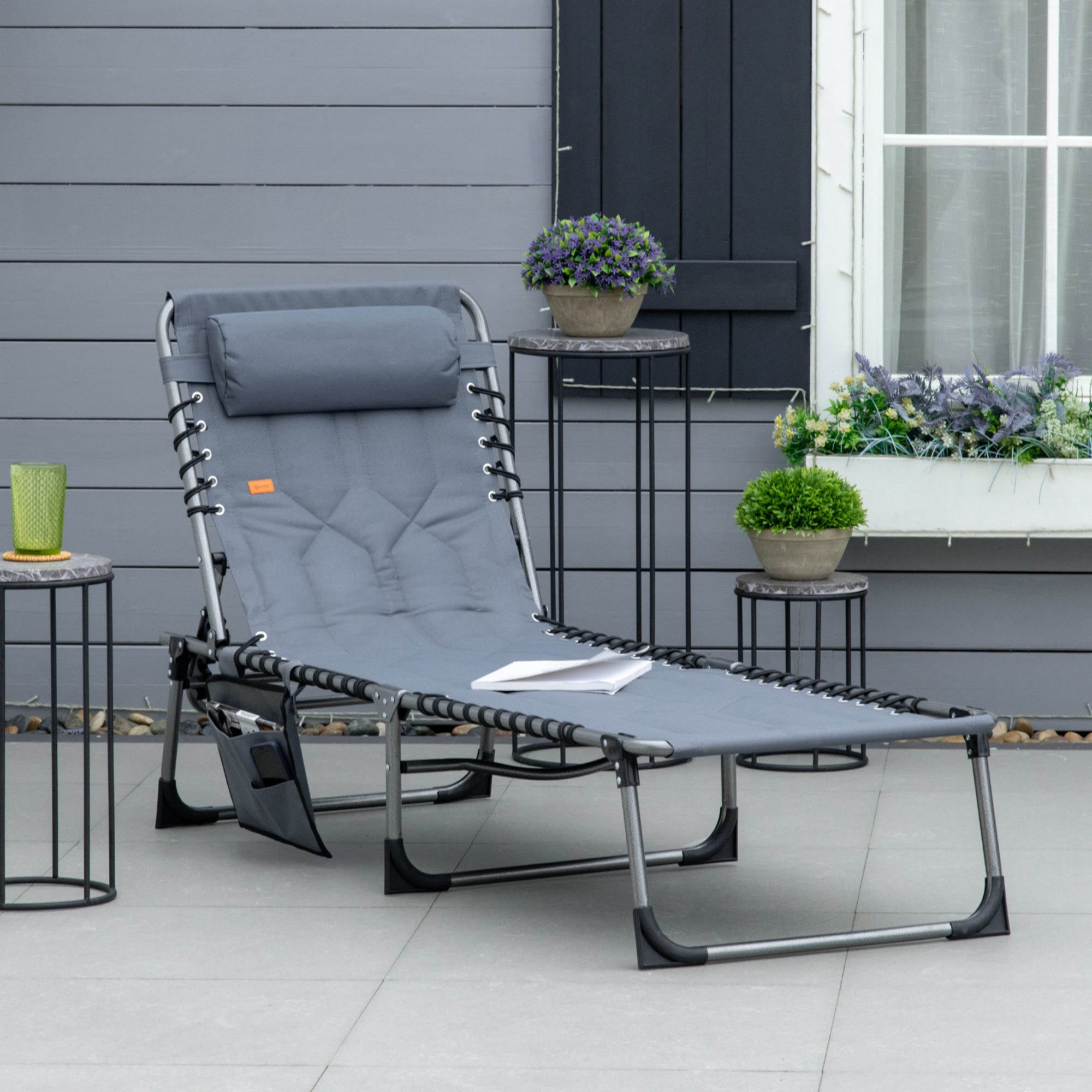 Outdoor Lounge Chair, Folding Chaise Lounge, Patio Padded Tanning Chair with 5-position Adjustable Backrest, Pillow and Pocket for Deck, Beach, Lawn and Sunbathing, Grey