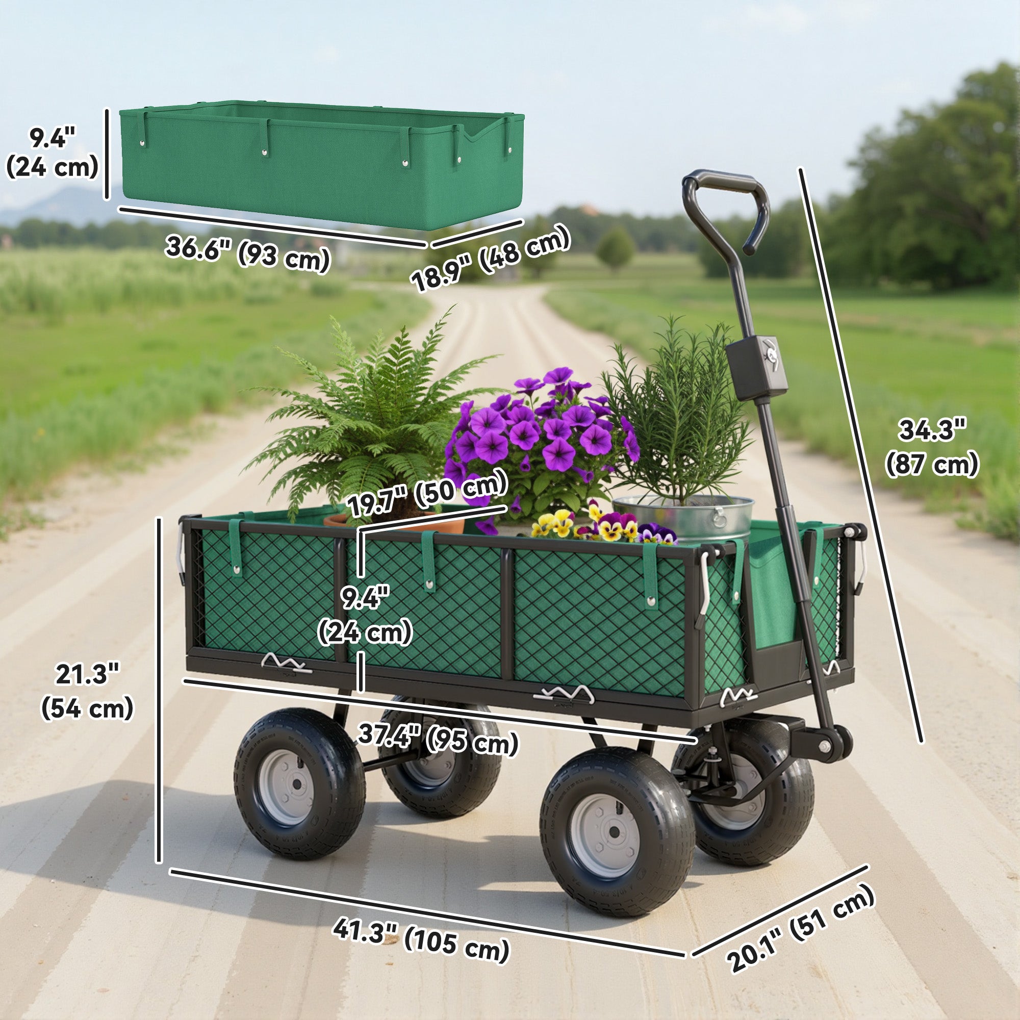 Steel Garden Cart, Utility Wagon Cart with Removable Liner, Quick-Release Sides, 10" Wheels, 660lbs Capacity, Green
