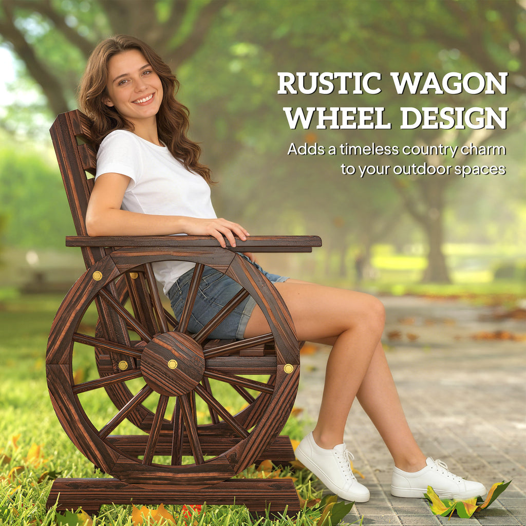 Wood Outdoor Patio Chair, Lounge Chair with Wagon Wheel Armrests, Slatted Wide Seat, Slanted Backrest, Carbonized