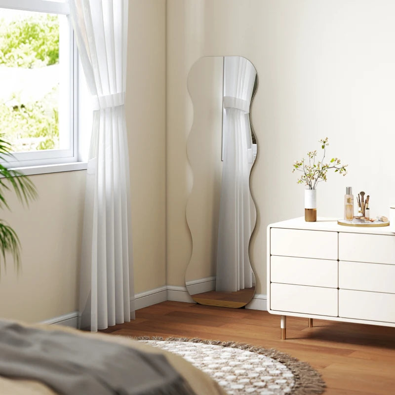 Irregular wavy frameless full length mirror with pine wood base in black