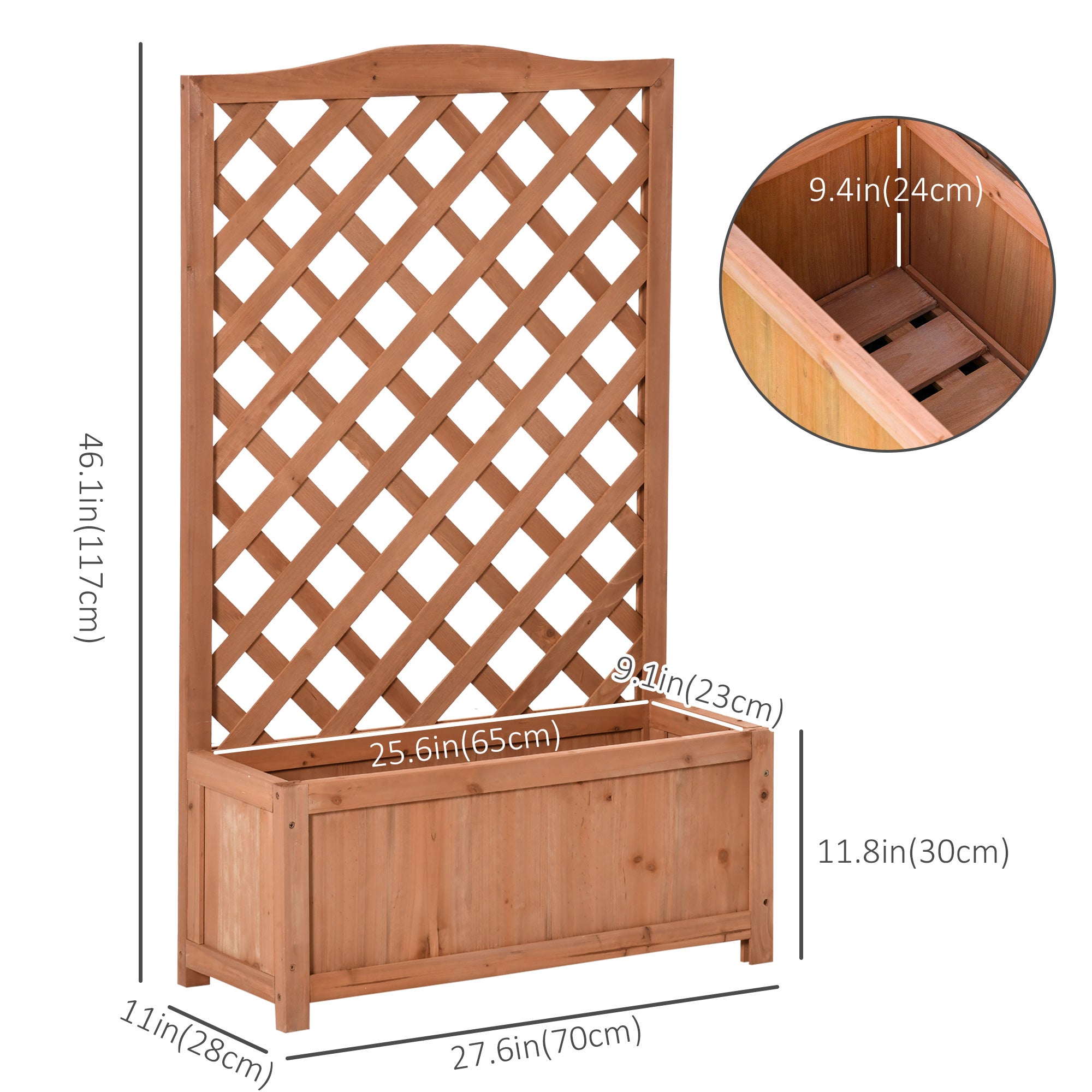 Wood Planter with Trellis for Vine Climbing, Raised Garden Bed to Grow Vegetables for Backyard, 28" x 11" x 46", Brown