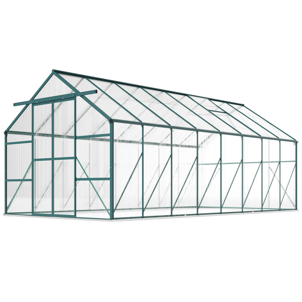 16' x 8' Aluminum Polycarbonate Greenhouse Walk-in Garden Greenhouse Kit with Adjustable Roof Vent, Rain Gutter and Sliding Door for Winter, Green