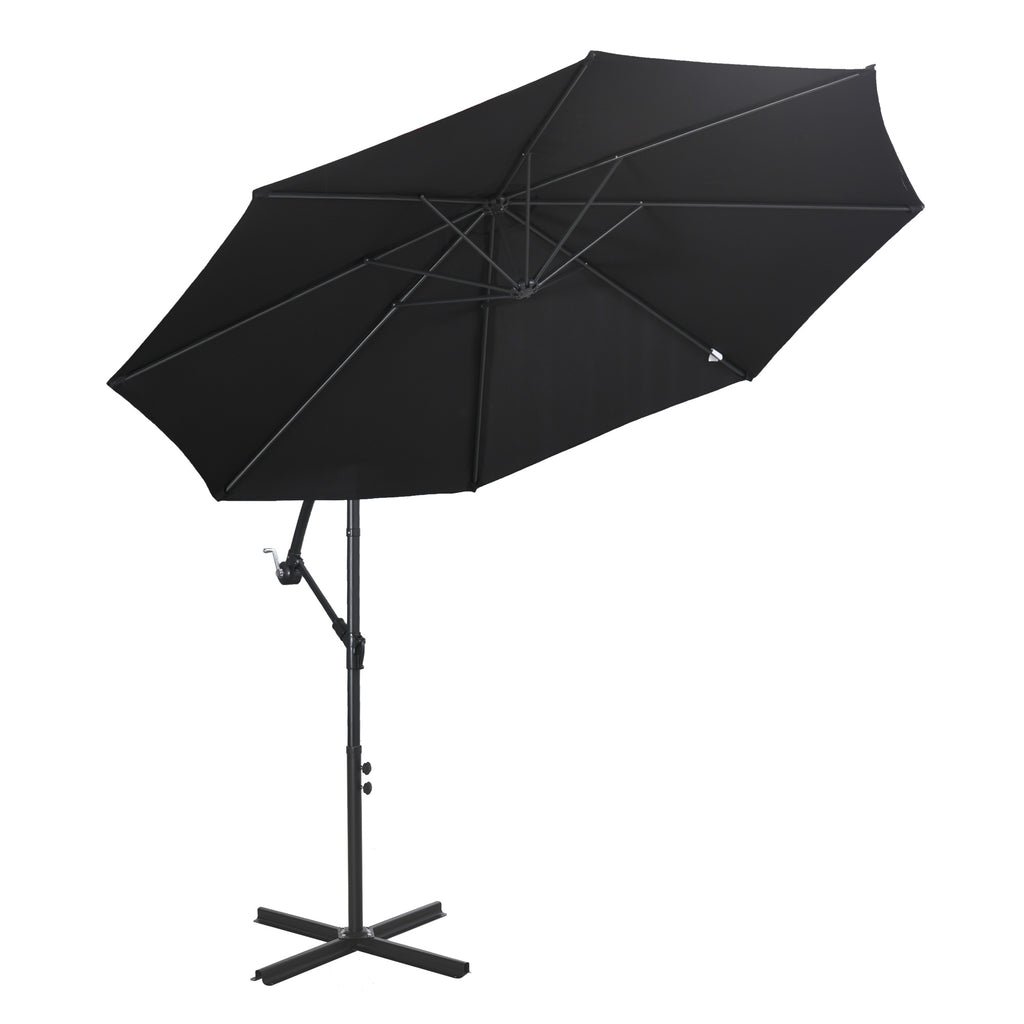 9.7ft Offset Patio UmbrellaCantilever Parasol with Crank Handle, 8 Ribs and Cross Base for Outdoor, Sun Shade, Black