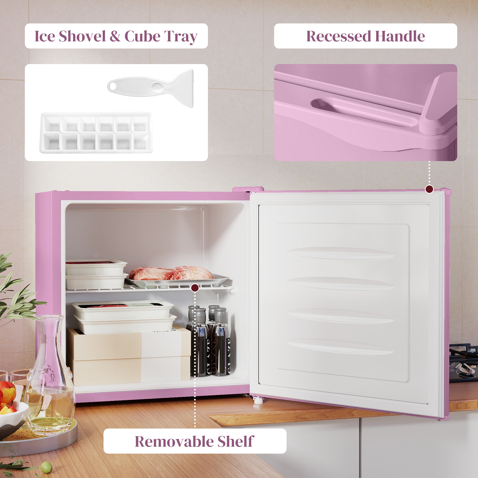 1.1 Cu. Ft. Mini Freezer, Compact Upright Freezer with Reversible Door, Removable Shelf, Adjustable Temperature, Pink