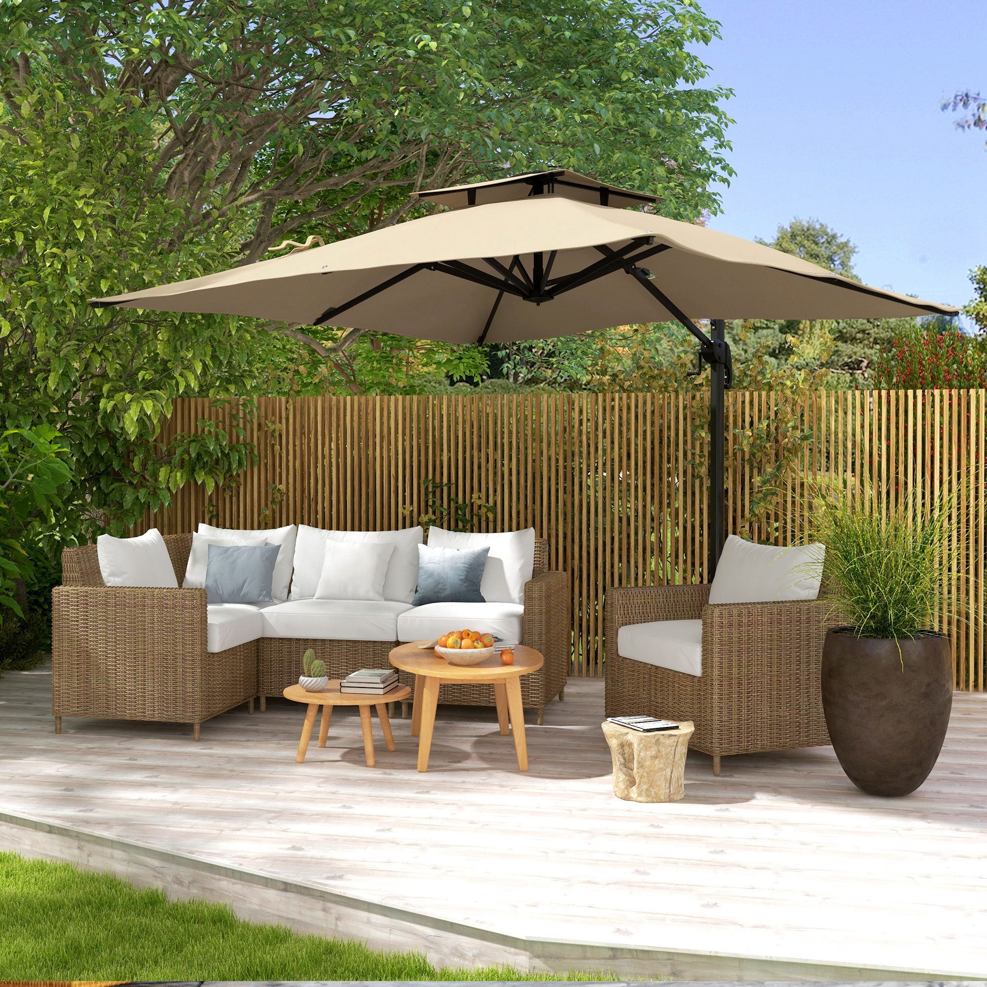 10ft Square Cantilever Patio Umbrella, 360Â° Rotating Overhanging Umbrella with Cross Base, Crank Handle, Khaki