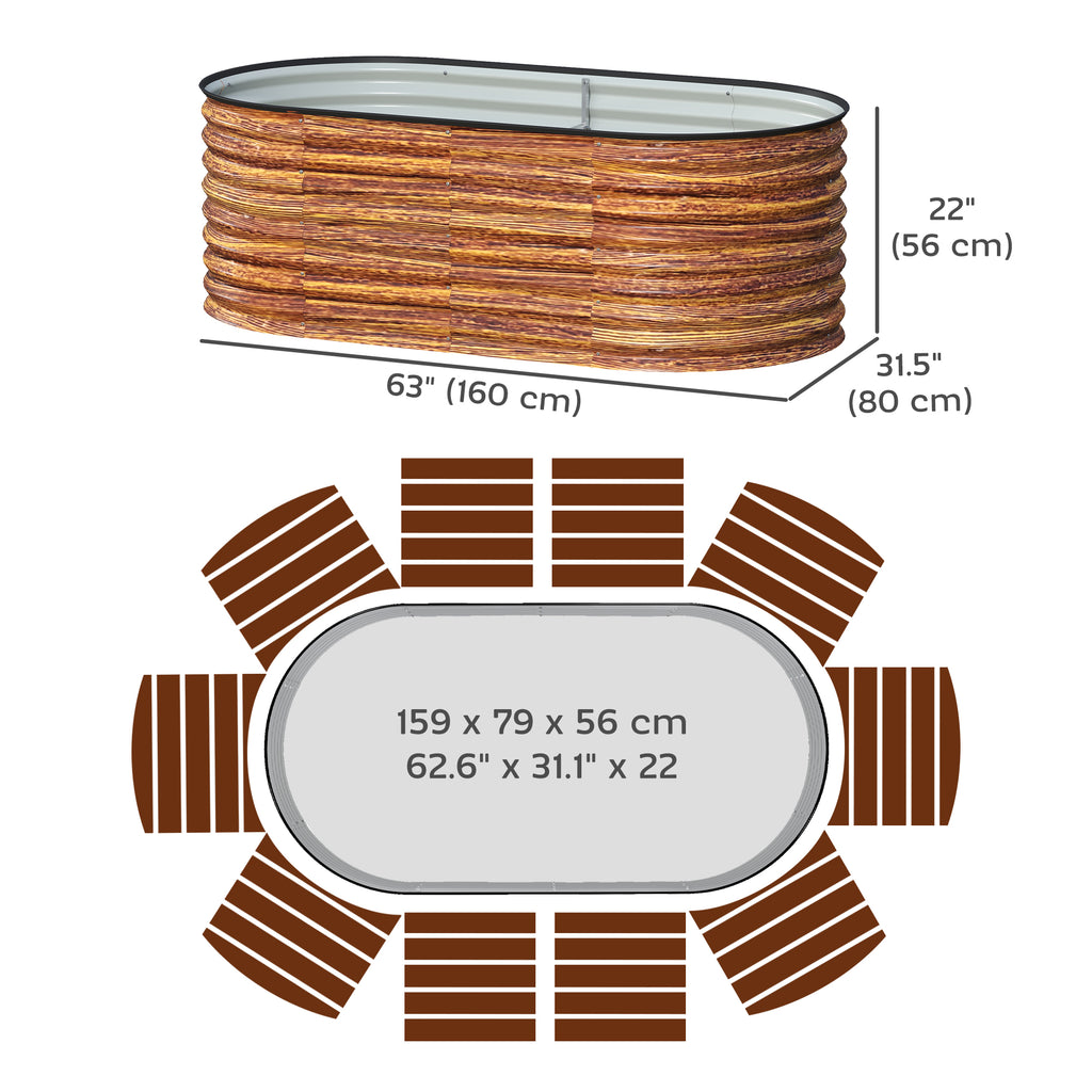 5 x 2.5 x 2 ft Galvanized Raised Garden Bed, Easy DIY Oval Planter Box with Safety Edging and Gloves, Brown Wood Effect