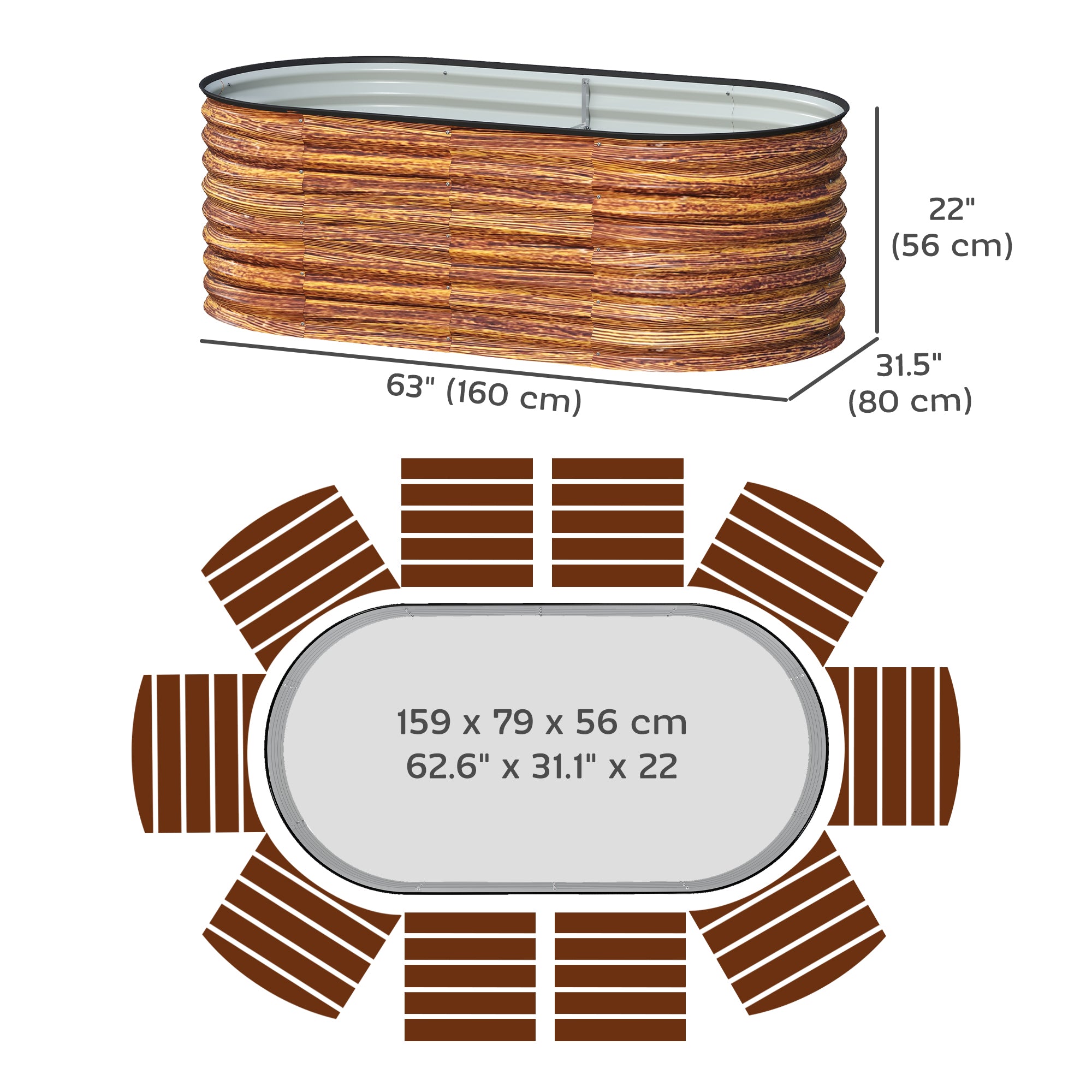 5 x 2.5 x 2 ft Galvanized Raised Garden Bed, Easy DIY Oval Planter Box with Safety Edging and Gloves, Brown Wood Effect