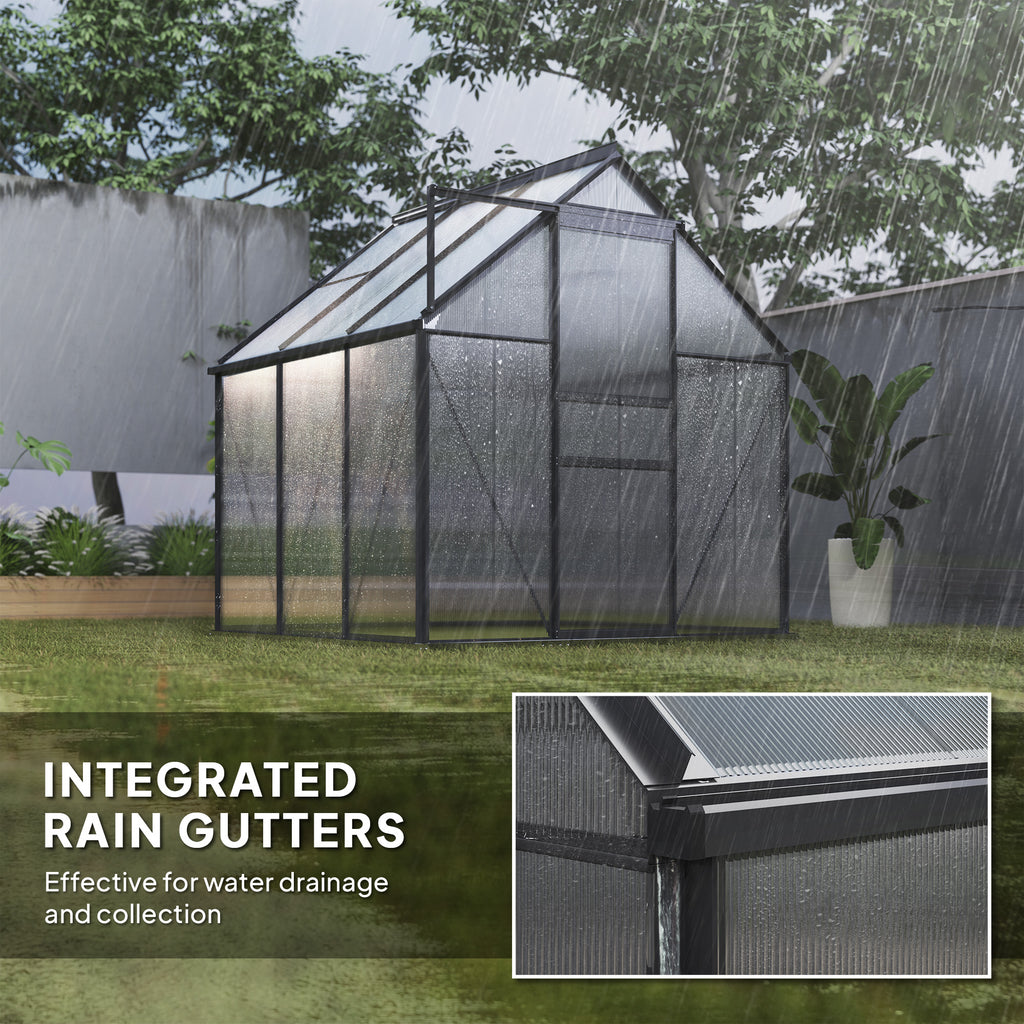 6' x 6' x 6.5' Polycarbonate Greenhouse, Walk-in Green House with Adjustable Roof Vent Galvanized Base Sliding Door Rain Gutter for Outdoor Garden Backyard, Grey
