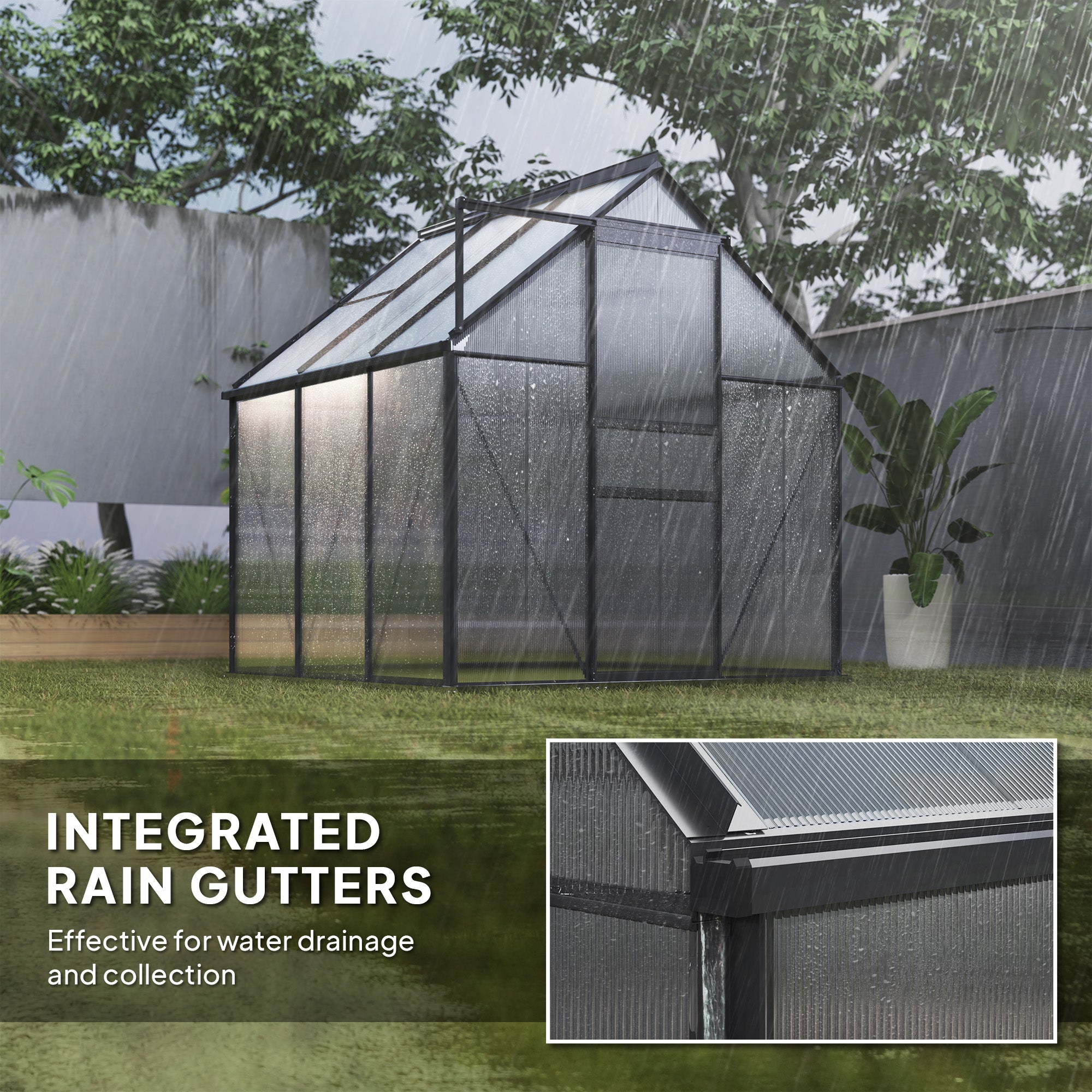 6' x 6' x 6.5' Polycarbonate Greenhouse, Walk-in Green House with Adjustable Roof Vent Galvanized Base Sliding Door Rain Gutter for Outdoor Garden Backyard, Grey