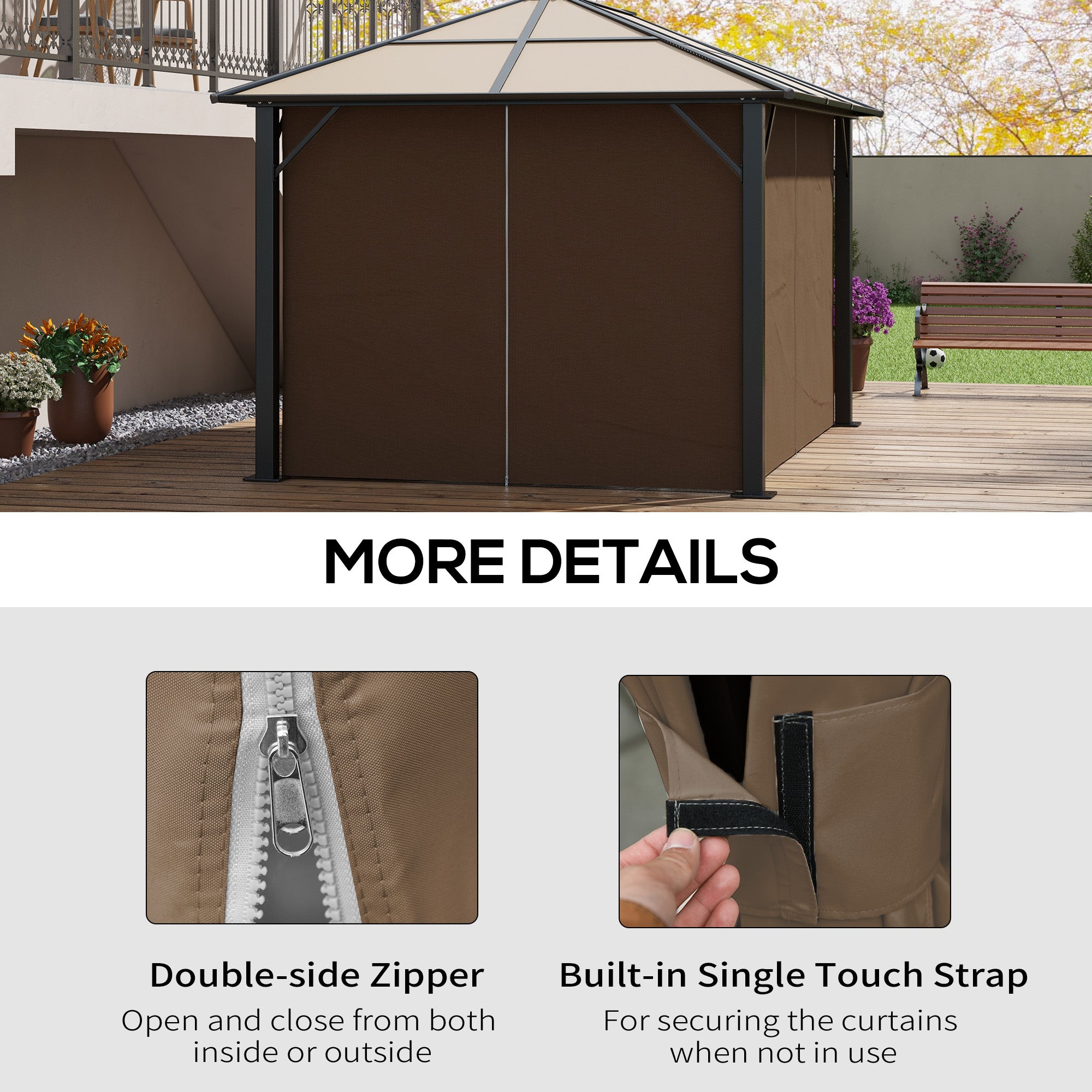 Gazebo Curtains, 10' x 13' Universal Replacement Privacy Curtain, 4-Panels Sidewall with Hooks/C-Rings, Dark Brown