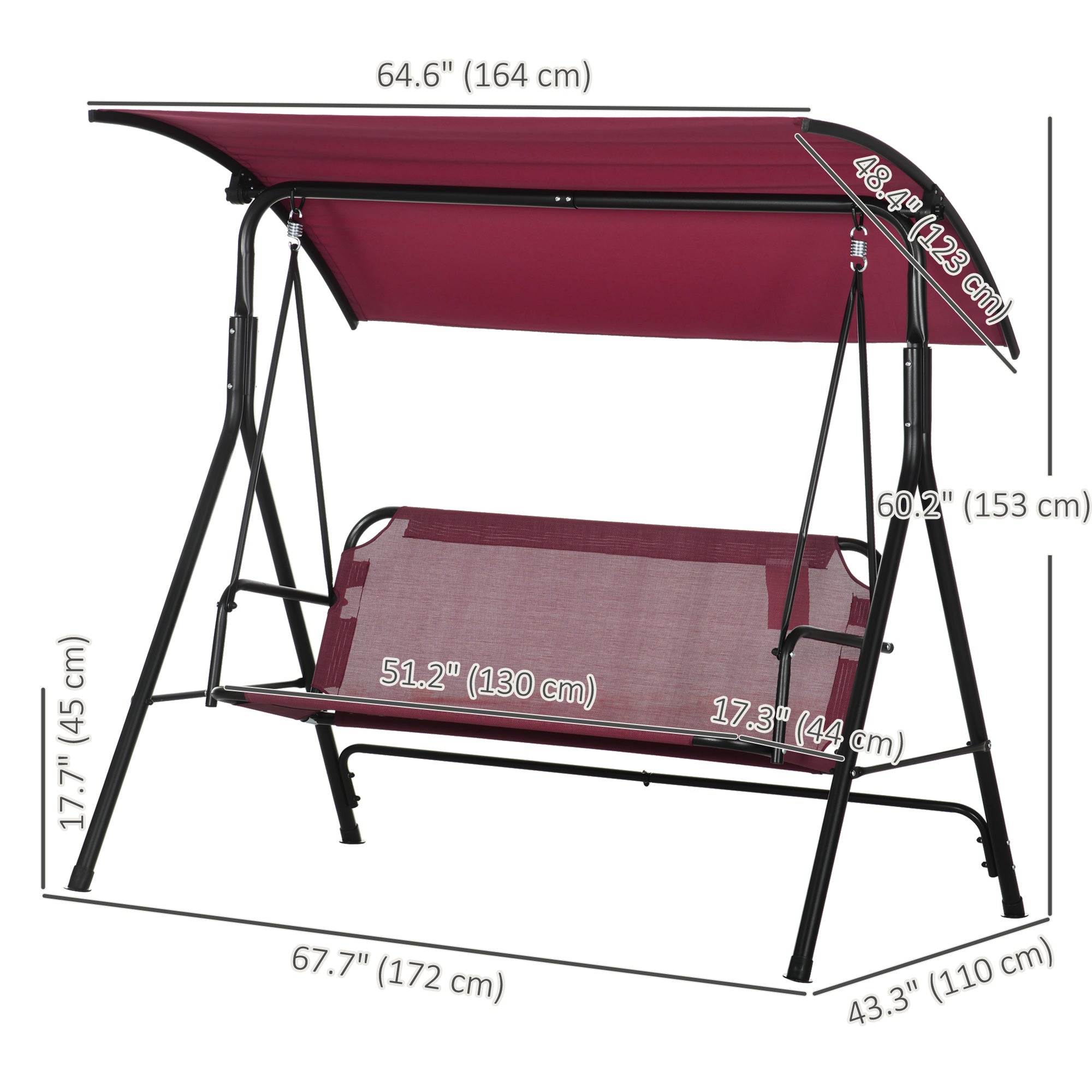 3-Seater Outdoor Porch Swing with Adjustable Canopy, Patio Swing Chair for Garden, Poolside, Backyard, Wine Red
