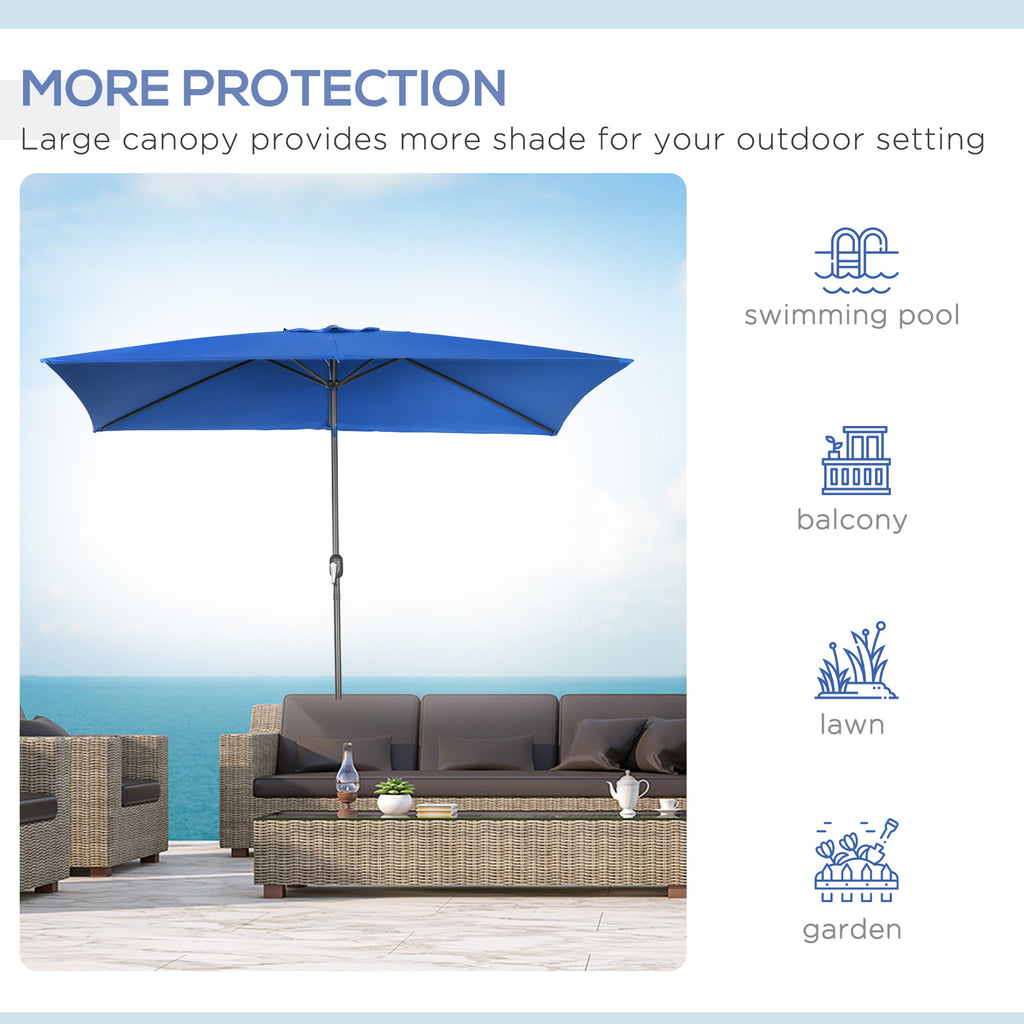 6.5x10ft Patio Umbrella, Rectangle Market Umbrella with Aluminum Frame and Crank Handle, Garden Parasol Outdoor Sunshade Canopy, Dark Blue