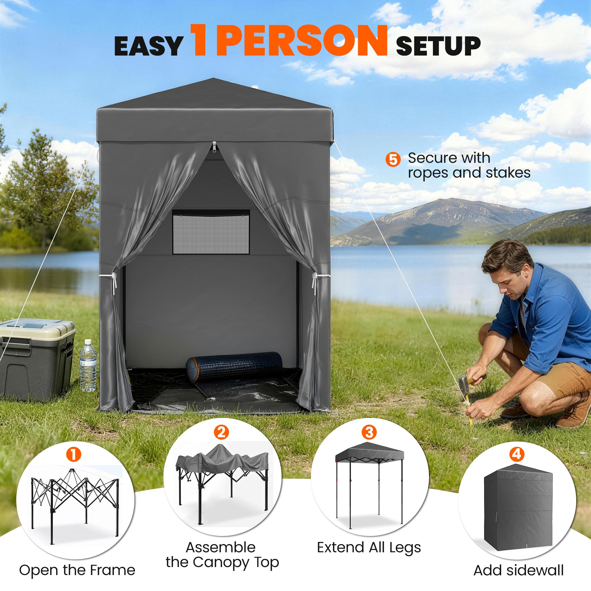 5 x 5 ft Compact Pop Up Canopy Tent, UPF 50+ Changing Room, Portable Instant Privacy Canopy with Mesh Window, Dark Grey
