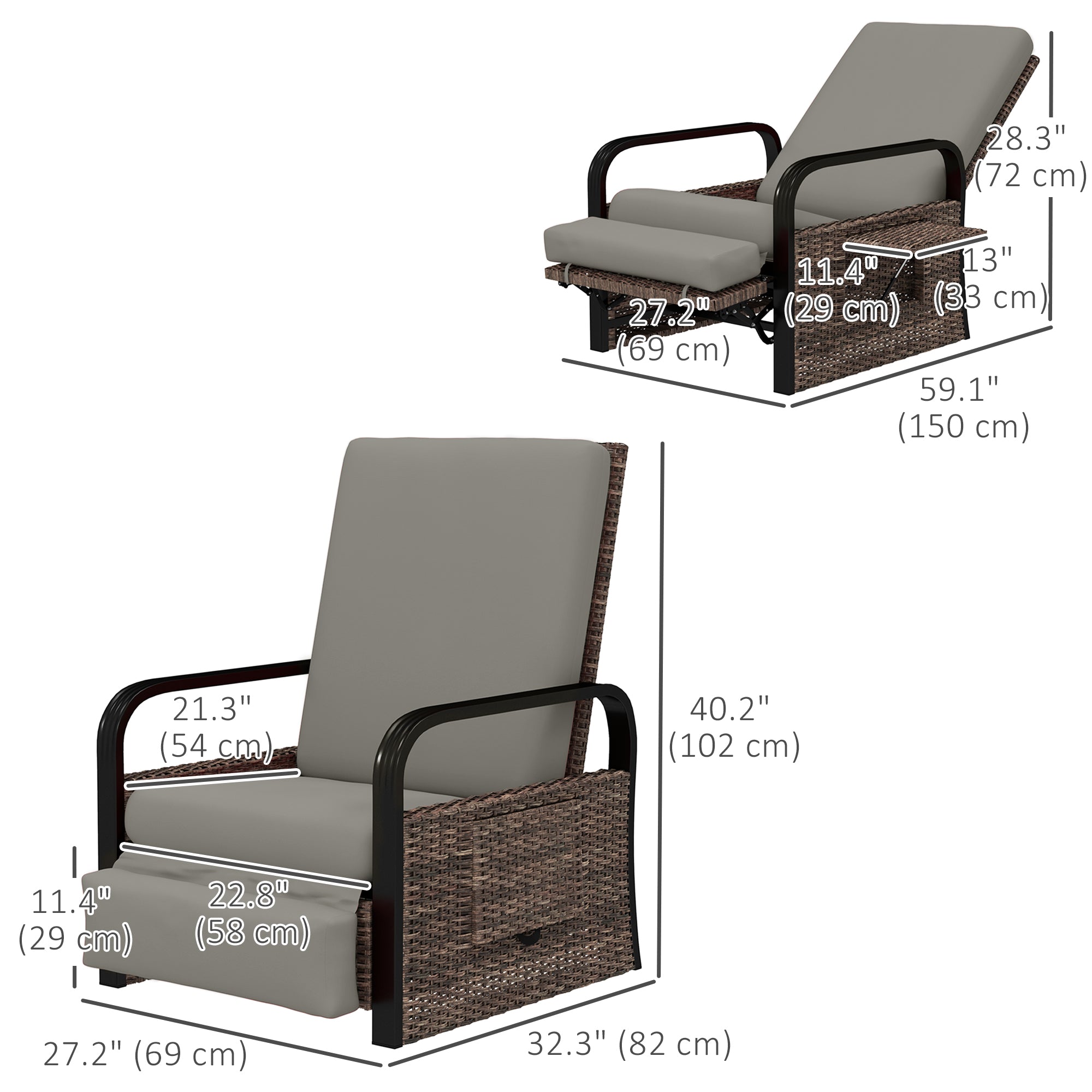Wicker Outdoor Recliner Chair, Reclining Lounge Chair with Adjustable Backrest, Footrest and Side Tray, Light Grey