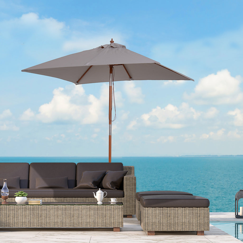 6.6 x 5ft Fir Wooden Patio Umbrella Market Parasol Tilt Mechanism 6 Ribs Garden Sunshade, Grey