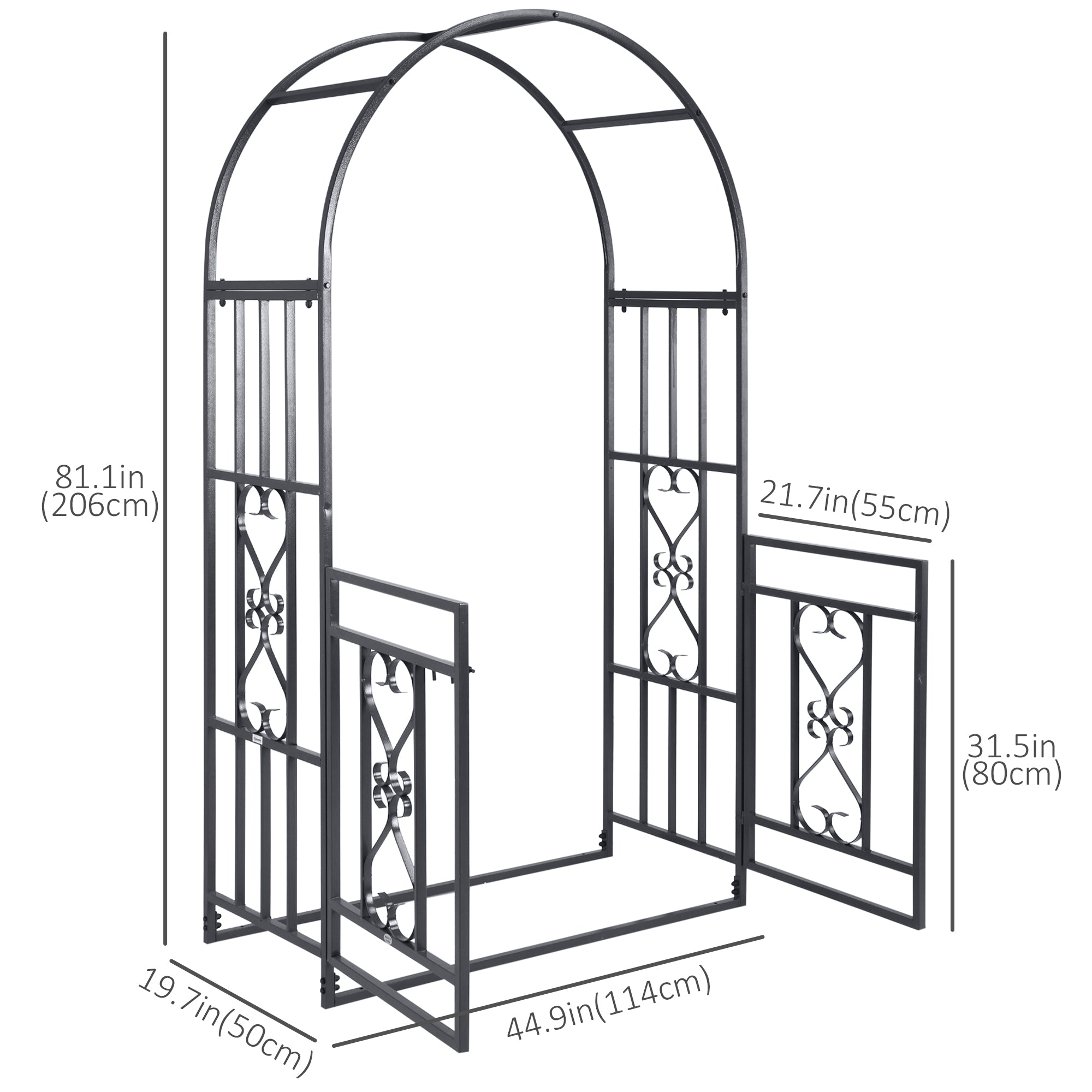 6.7 FT Steel Garden Arch with Gate Outdoor Courtyard Arbor for Climbing Vine Plants Lawn Backyard Decoration Dark Grey