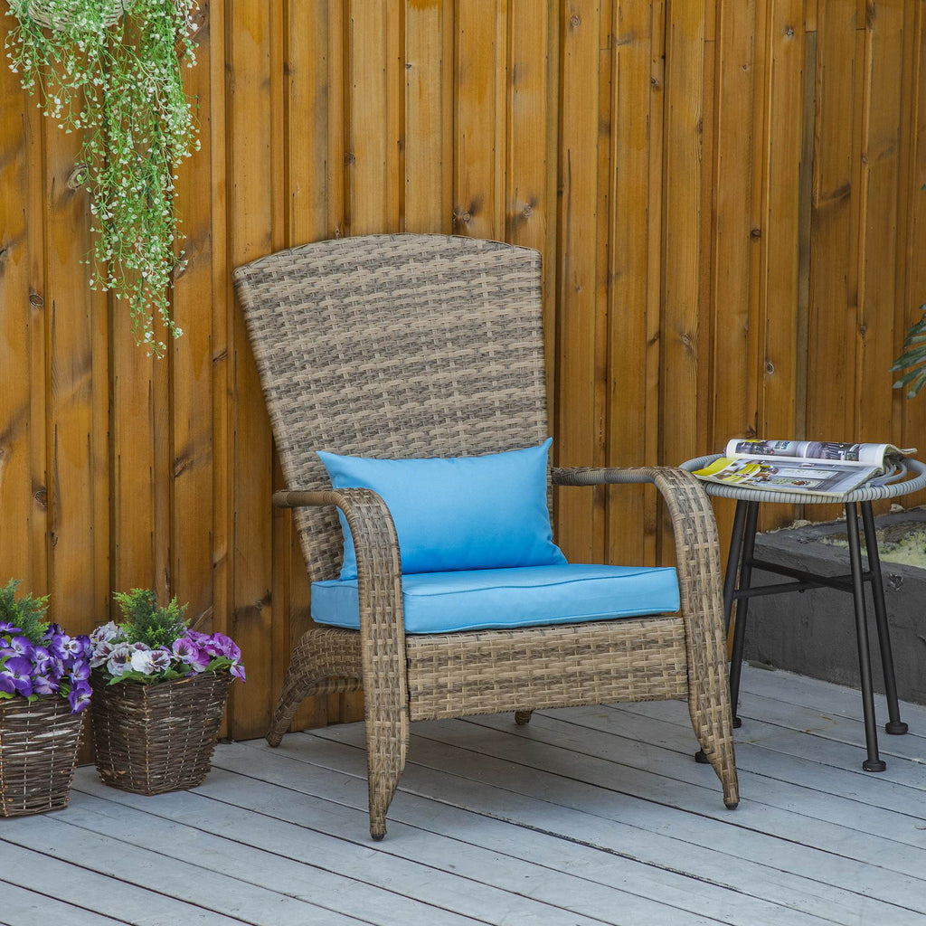 Patio Wicker Adirondack Chair, Outdoor PE Rattan Fire Pit Chair, Muskoka Chair w/ Soft Cushions, Tall Curved Backrest and Comfortable Armrests for Deck Garden, Blue