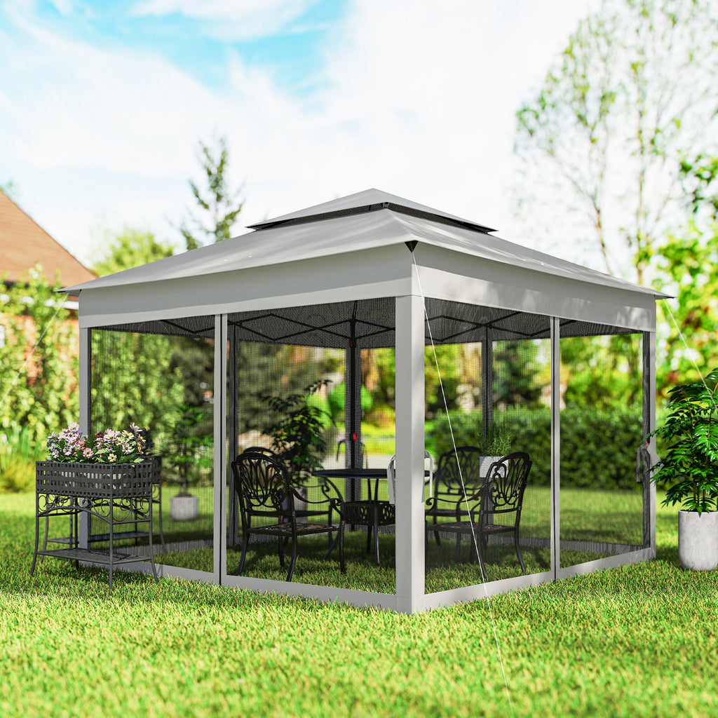 11' x 11' Pop Up Gazebo 2-Tier Soft Top Shelter Event Tent w/ Netting Carry Bag for Patio Backyard Garden, Light Grey