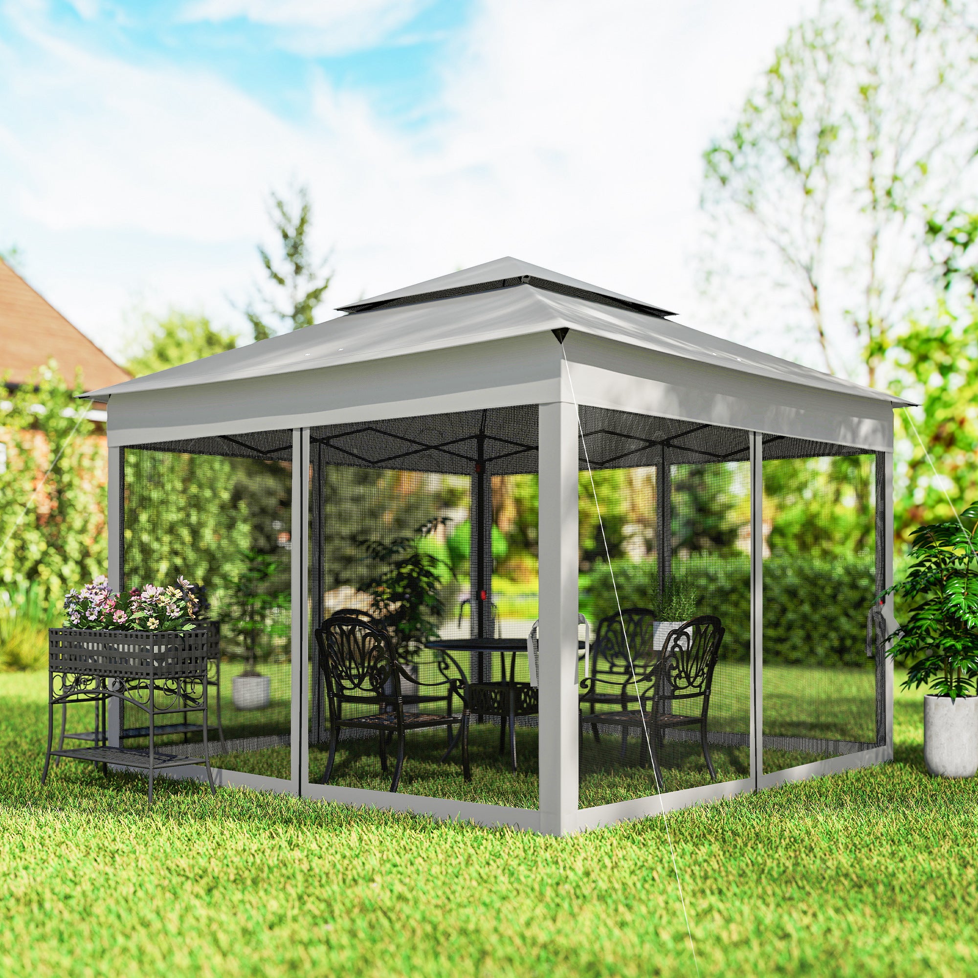 11' x 11' Pop Up Gazebo 2-Tier Soft Top Shelter Event Tent w/ Netting Carry Bag for Patio Backyard Garden, Light Grey