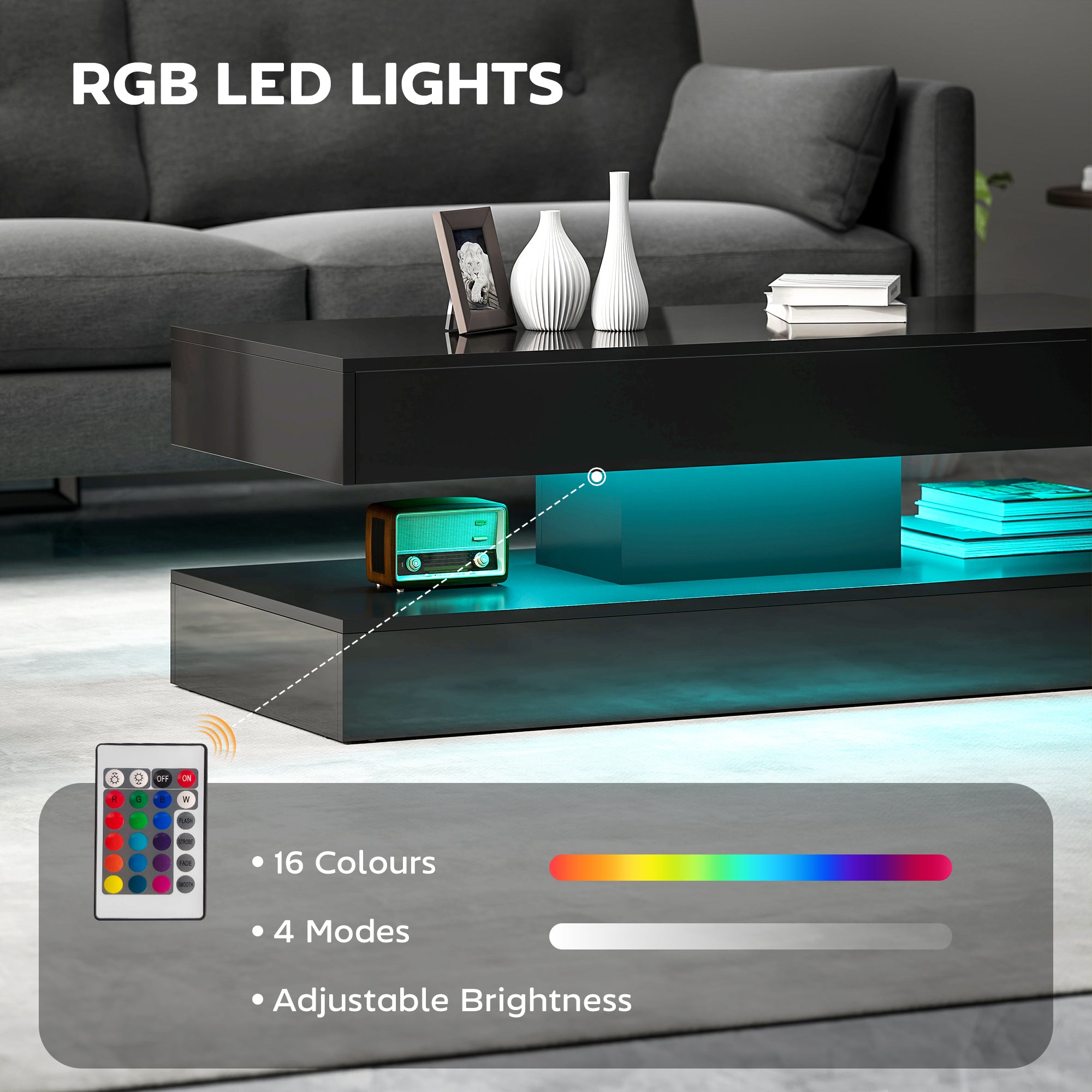 Coffee Table with Adjustable LED Lights, Modern Living Room Table with 2 Drawers, Open Shelf, Remote, High Gloss Black