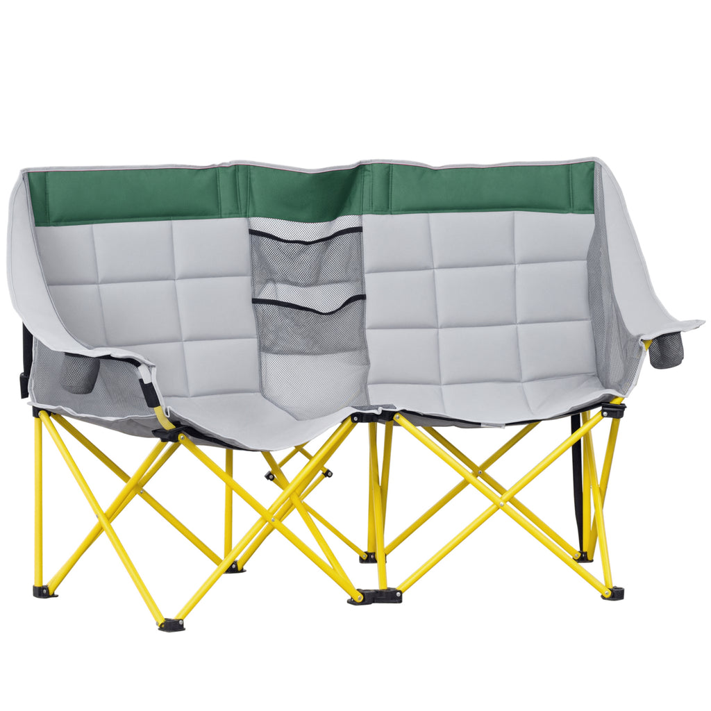 62" W Double Seat Camping Chair Folding Lawn Loveseat w/ Storage Pocket & Cup Holder Compact in a Bag for Outdoor, Beach, Picnic, Hiking, Travel, Green