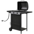 2+1 Burner Propane Gas BBQ Grill, Portable Gas Barbecue Grill with Side Burner, Thermometer, Lid, Side Table, Shelf, Spice Rack, Wheels, Grease Cup for Garden, Black