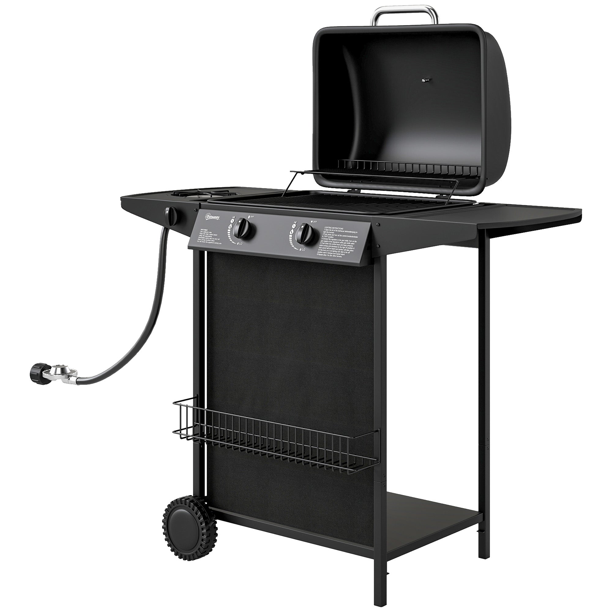 2+1 Burner Propane Gas BBQ Grill, Portable Gas Barbecue Grill with Side Burner, Thermometer, Lid, Side Table, Shelf, Spice Rack, Wheels, Grease Cup for Garden, Black