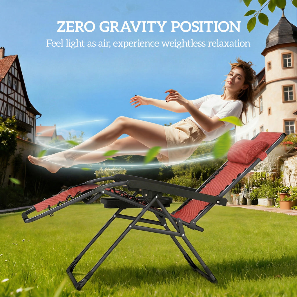 Zero Gravity Chair Set of 2, Folding Reclining Outdoor Lounge Chair with Cup Holder, Headrest, Wine Red