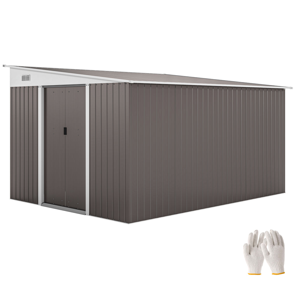 11' x 9' Steel Garden Storage Shed, Outdoor Metal Tool House with Double Sliding Doors & 2 Air Vents, Grey