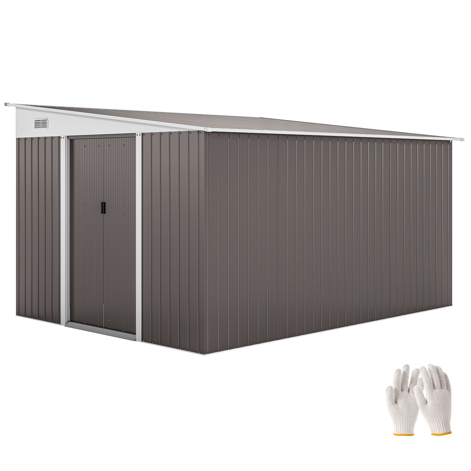 11' x 9' Steel Garden Storage Shed, Outdoor Metal Tool House with Double Sliding Doors & 2 Air Vents, Grey