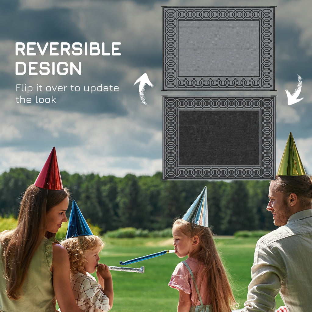Portable Outdoor Rug with Carrying Bag, 9' x 12' Reversible Mat, Waterproof Plastic Straw RV Rug for Backyard, Deck, Picnic, Beach, Camping, Black and Grey