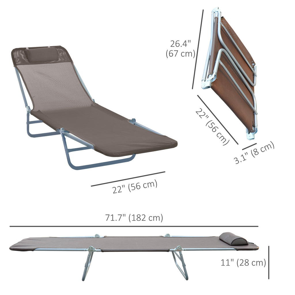 Outdoor Lounge Chair, Portable Adjustable Reclining Seat Folding Chaise Lounge Patio Camping Beach Tanning Chair Bed with Pillow, Brown