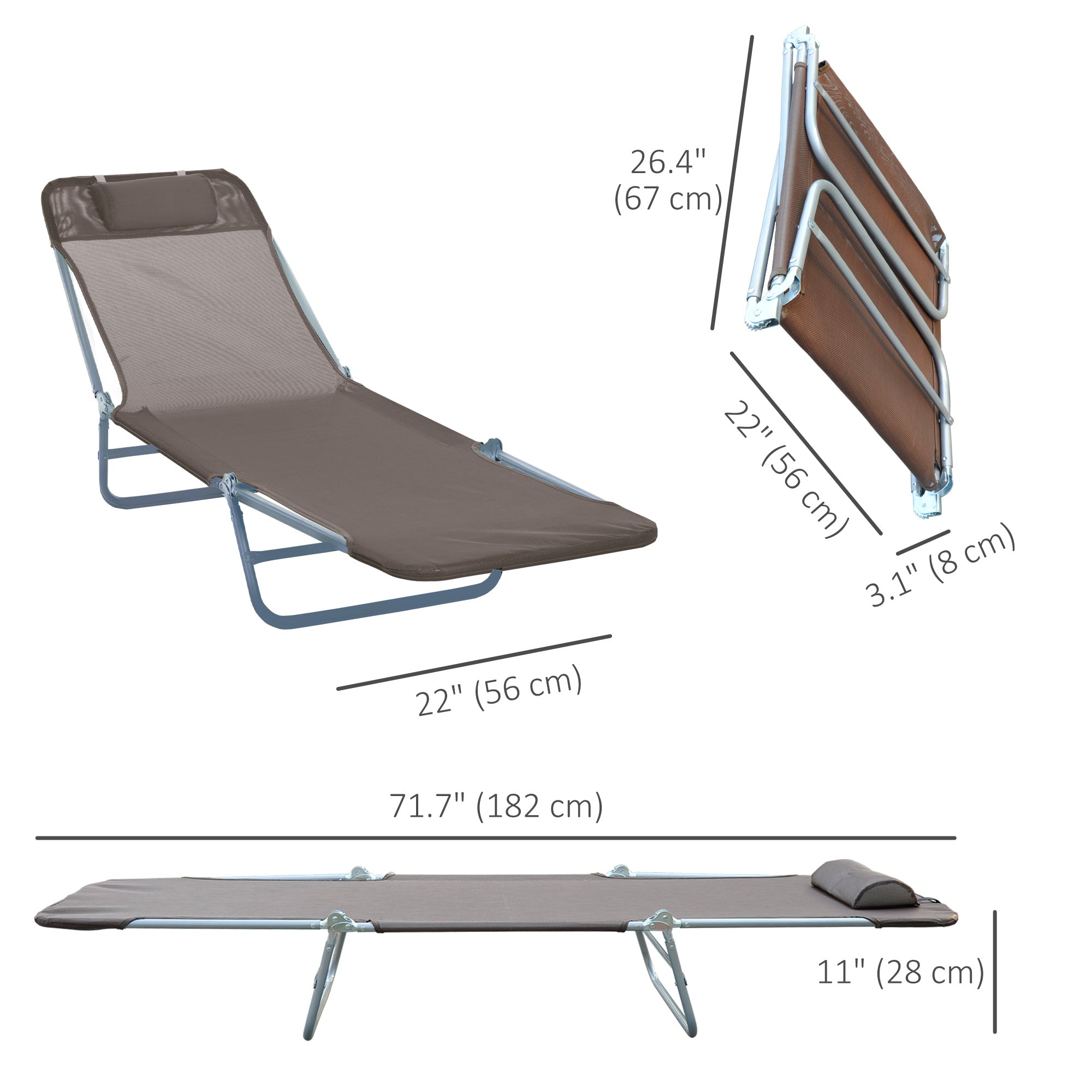 Outdoor Lounge Chair, Portable Adjustable Reclining Seat Folding Chaise Lounge Patio Camping Beach Tanning Chair Bed with Pillow, Brown