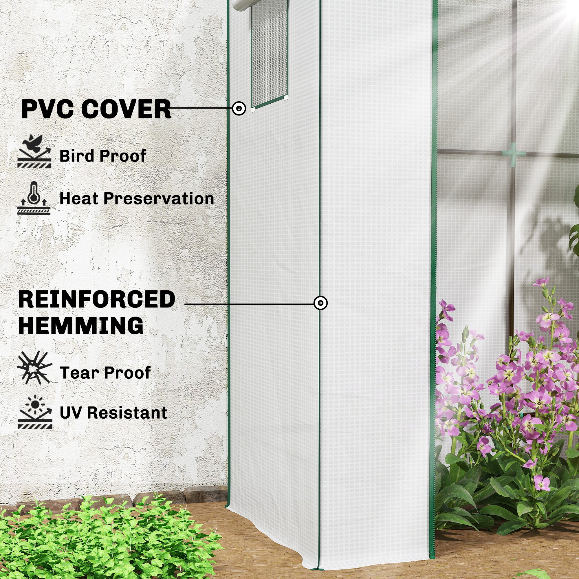 Walk-in Tomato Greenhouse Lean-to Green House with Reinforced PE Cover, Roll-up Door, Mesh Windows, White
