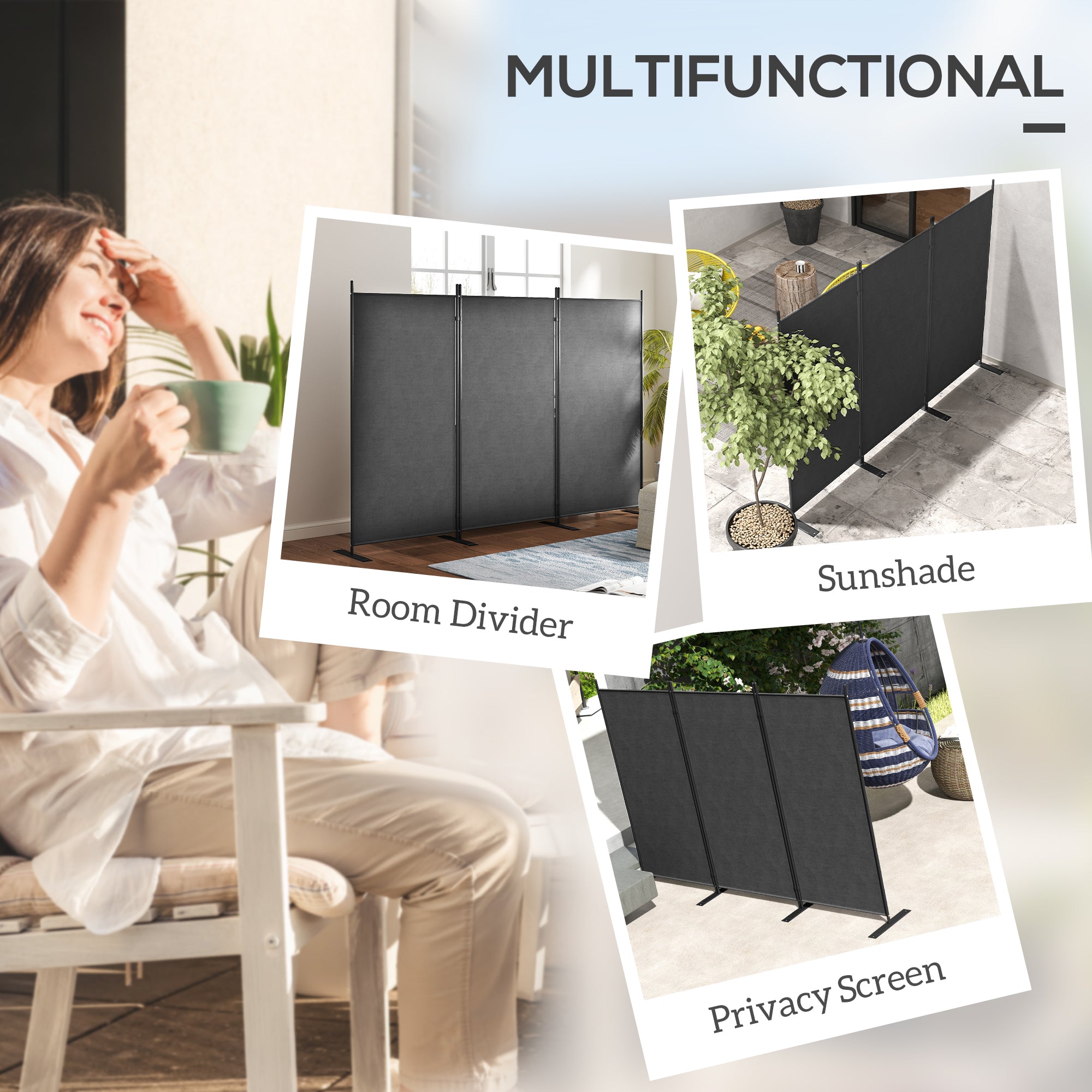 3 Panel Folding Outdoor Privacy Screen, 5.8FT Tall Room Divider with UV30+ Protection, Freestanding Privacy Panel Partition with Stable Base for Indoor Outdoor, Dark Grey