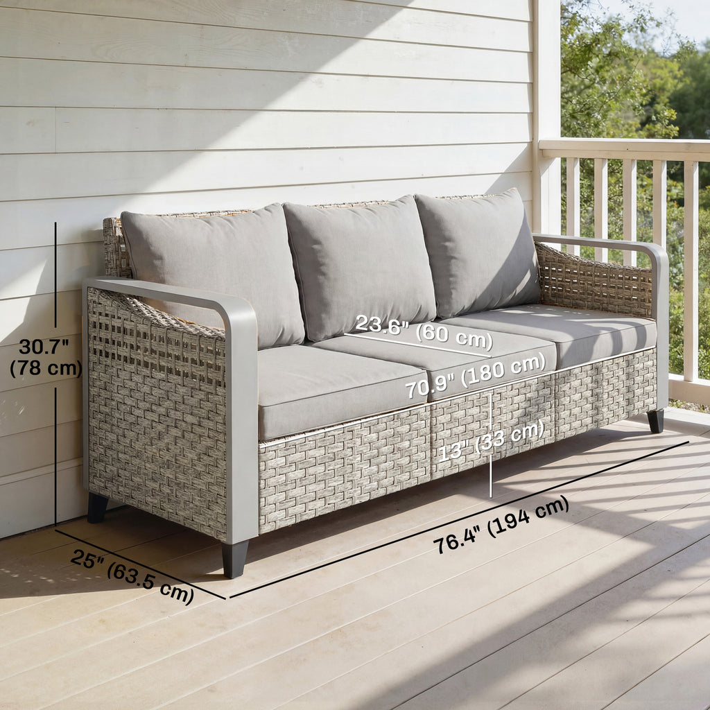 Rattan Wicker Sofa 3-Seater Outdoor Couch with Cushions for Patio Garden Grey