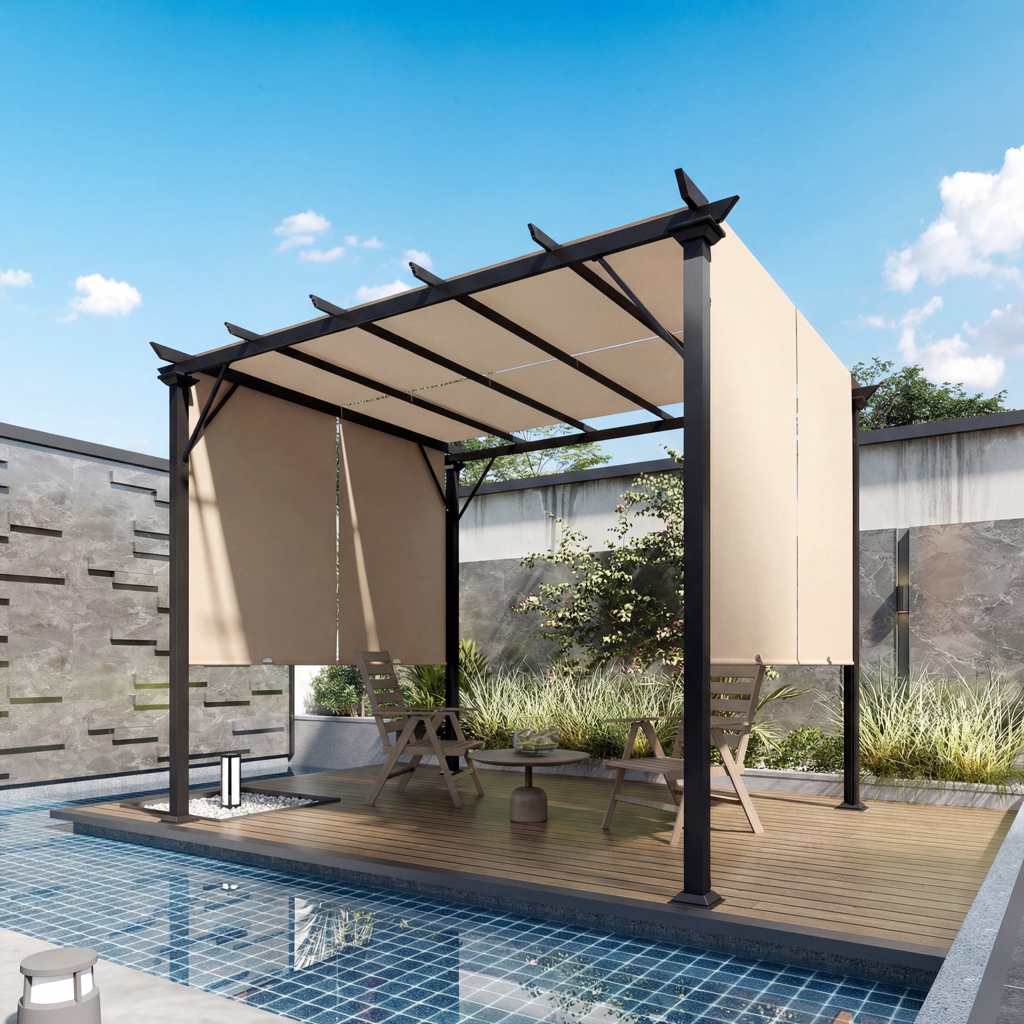 12' x 10' Outdoor Patio Gazebo Pergola with Retractable Canopy Roof, Steel Frame with Stakes, Light Brown