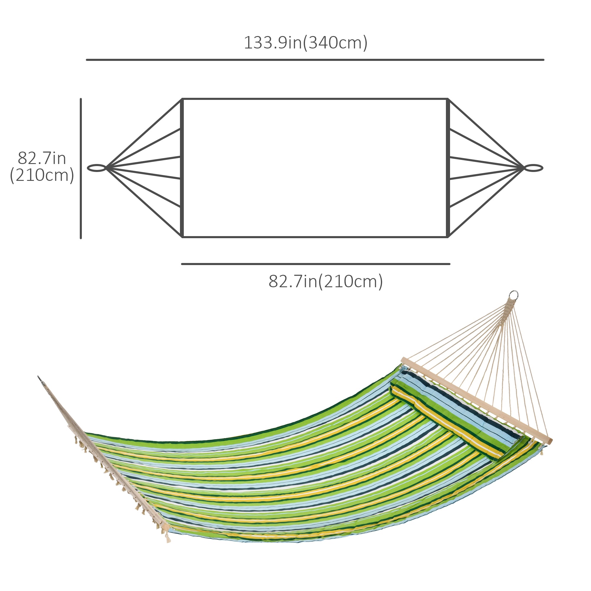 83" Patio Double Hammock, Wide Outdoor Hammock Bed Striped Fits 2 People Sunbed Camping hang Sleep w/ Pillow, White Stripe