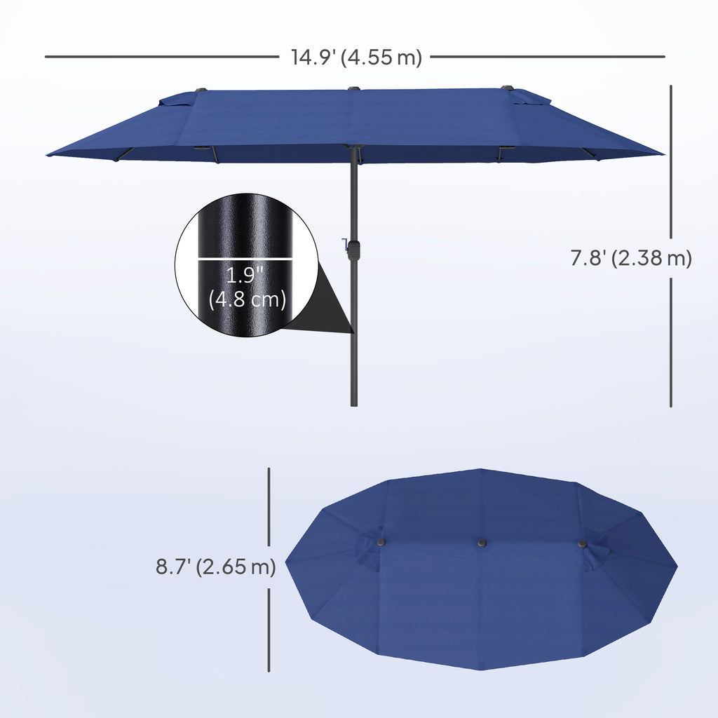 15ft Double-sided Patio Umbrella with Twin Canopy, Extra Large Outdoor Parasol with Crank for Pool, Deck, Market, Blue