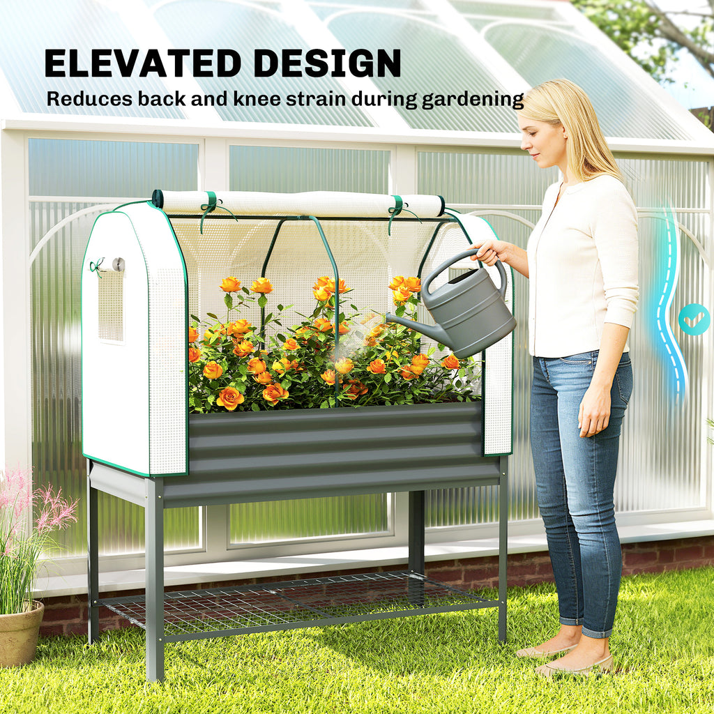 Galvanised Raised Garden Bed with Greenhouse Cover, Metal Elevated Planter Box with Bed Liner, Bottom Shelf, Dark Grey