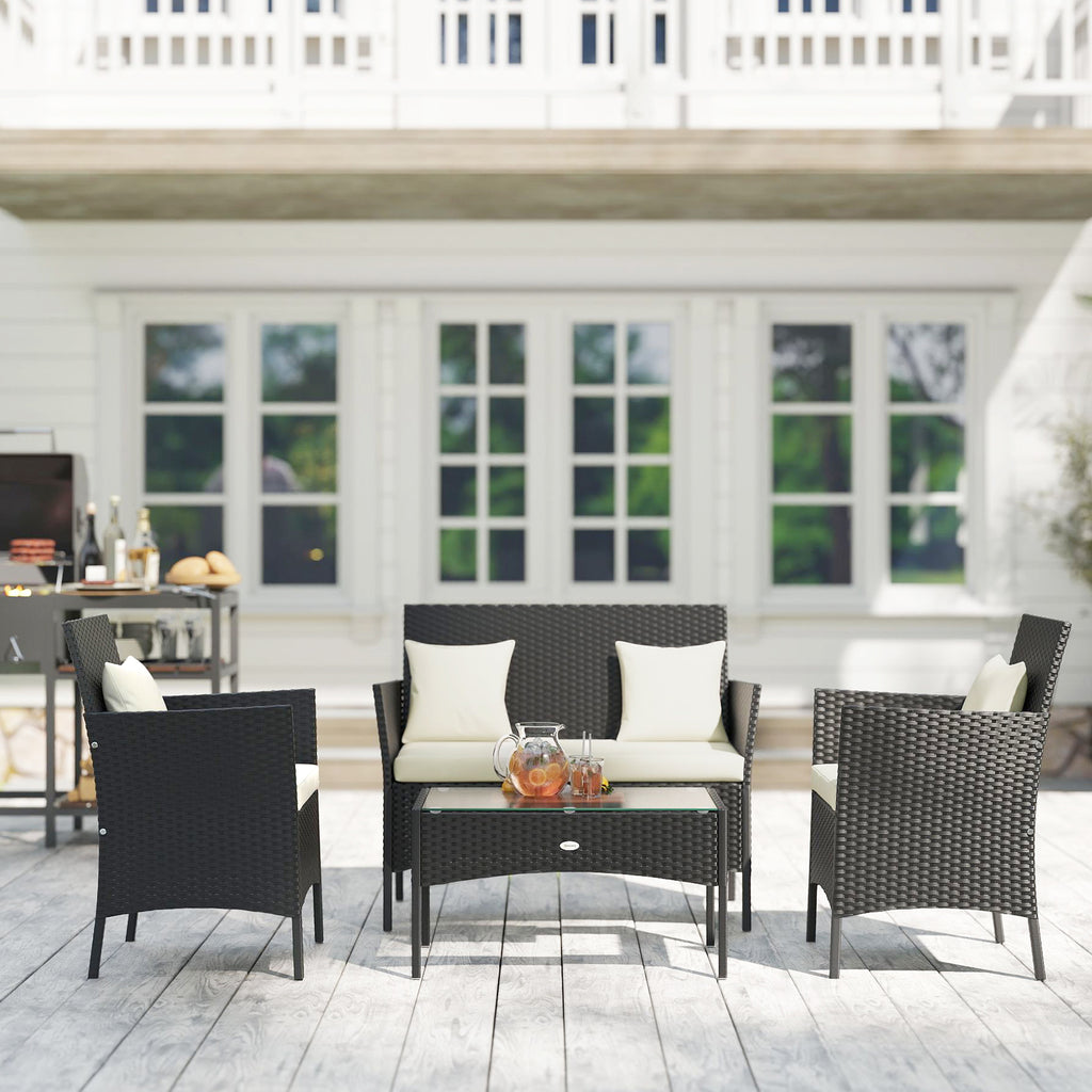 4-Piece Rattan Outdoor Furniture Set Patio Furniture Set with Coffee Table 22.8" W x 21.7" D x 33.5" H Black & Cream