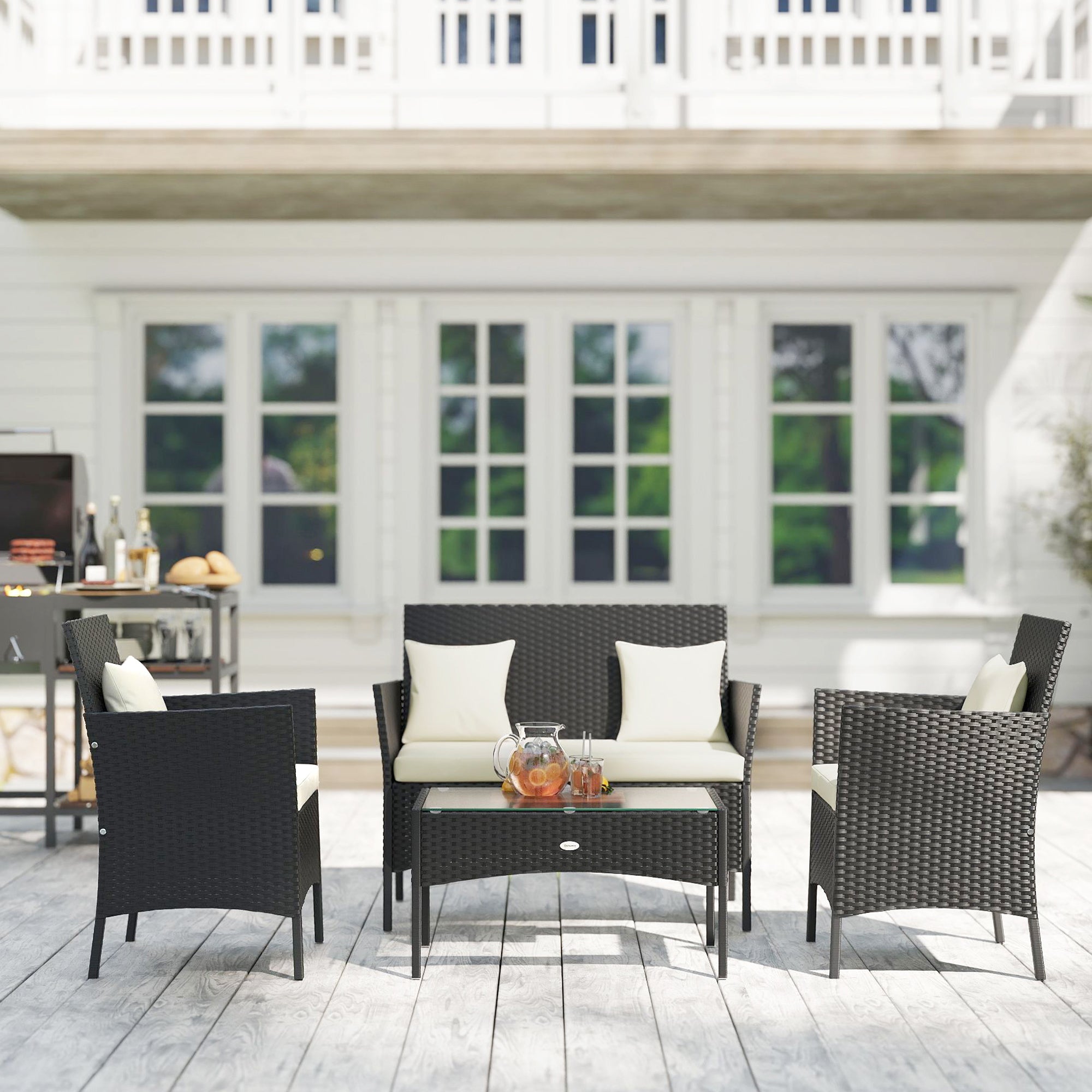 4-Piece Rattan Outdoor Furniture Set Patio Furniture Set with Coffee Table 22.8" W x 21.7" D x 33.5" H Black & Cream