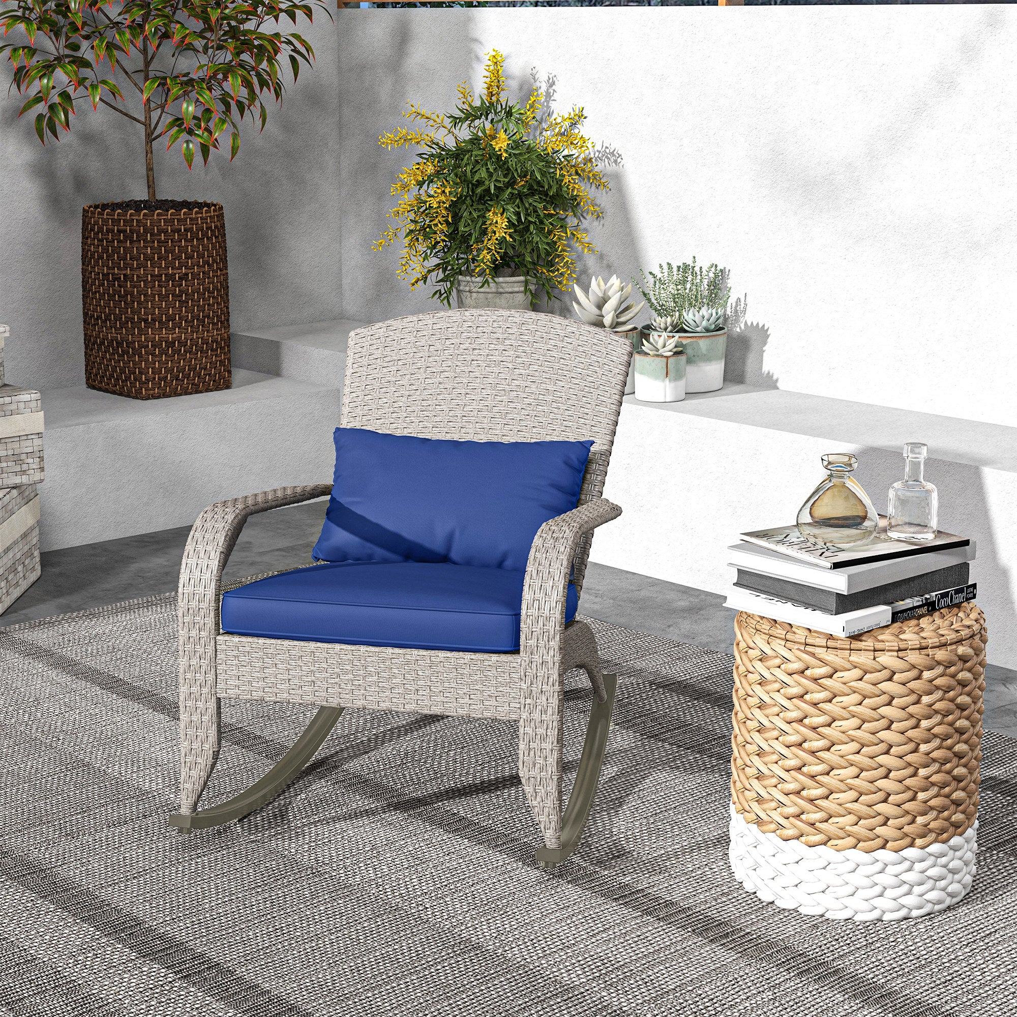 Adirondack Chair, Outdoor Wicker Rocking Chair with High Back, Seat Cushion and Pillow for Porch, Balcony, Dark Blue
