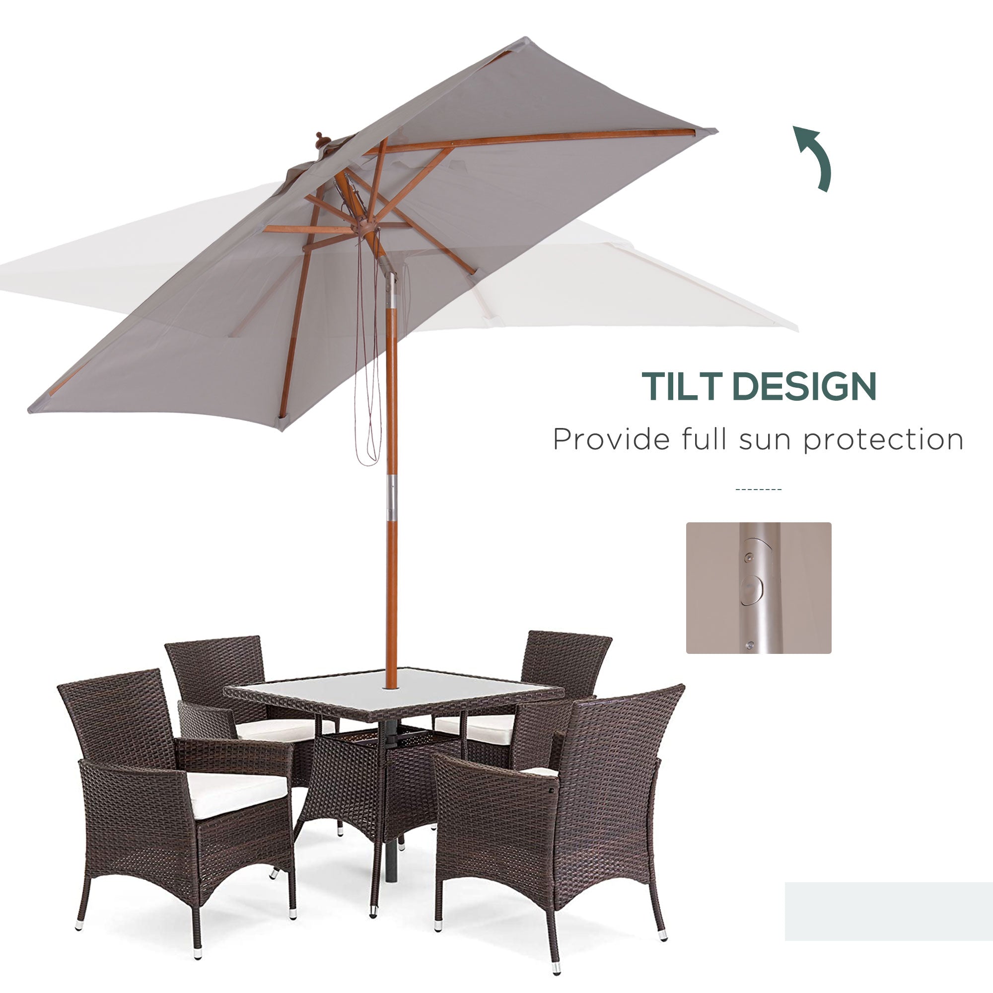6.6 x 5ft Fir Wooden Patio Umbrella Market Parasol Tilt Mechanism 6 Ribs Garden Sunshade, Grey
