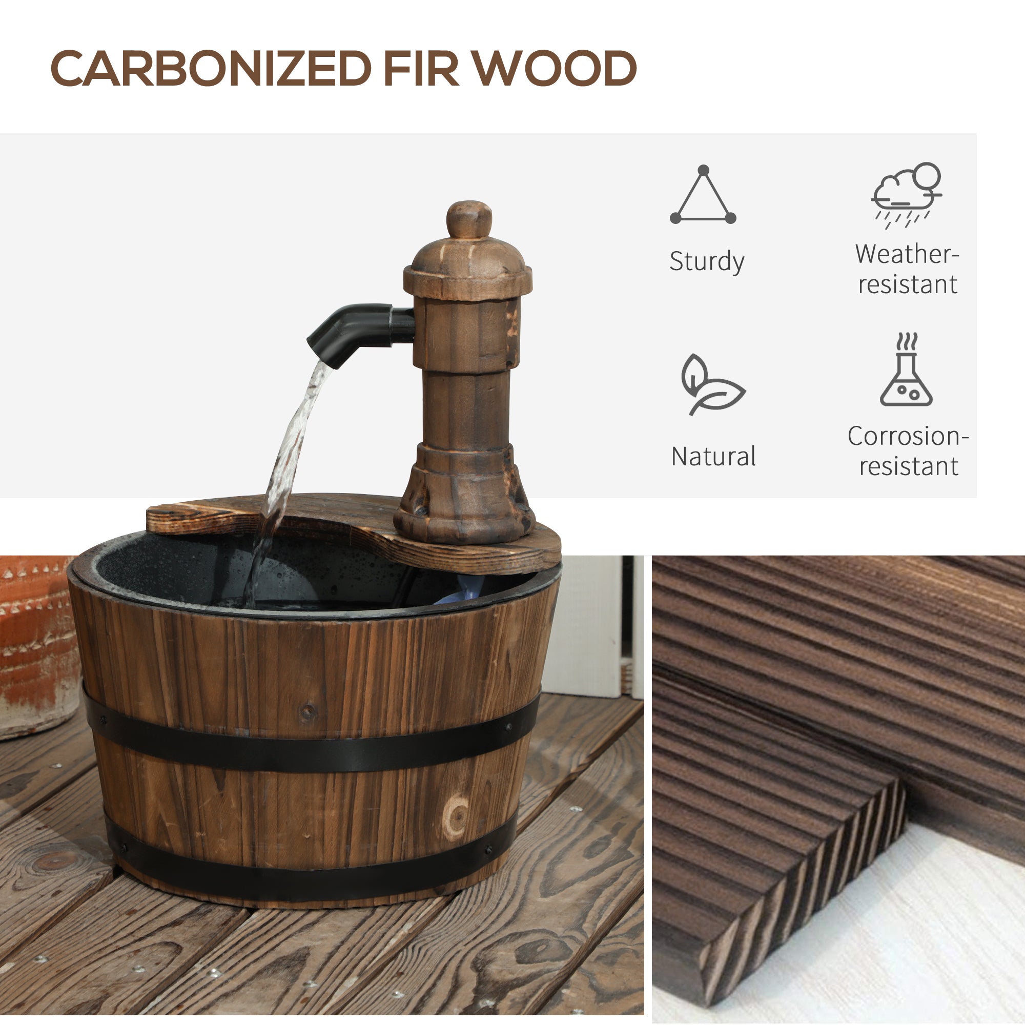 Outdoor Fountain, Garden Water Fountain with Electric Pump for Porch, Deck, Yard, Carbonized