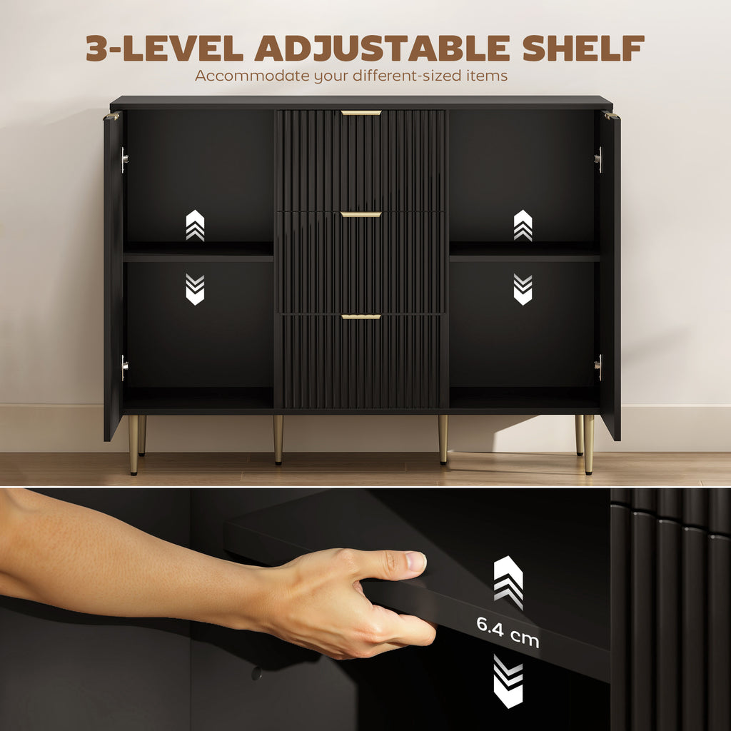 Modern Kitchen Storage Cabinet, Sideboard Buffet Cabinet w/ 3 Drawers and Adjustable Shelves for Kitchen Hallway, Black