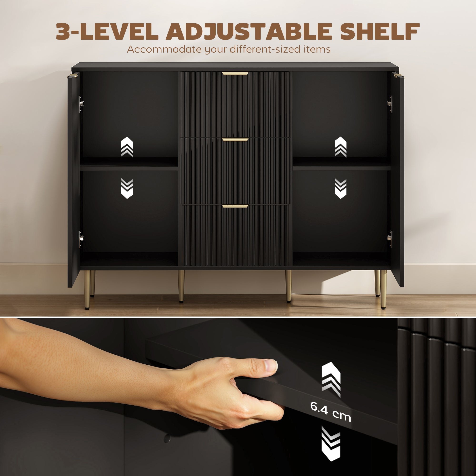 Modern Kitchen Storage Cabinet, Sideboard Buffet Cabinet w/ 3 Drawers and Adjustable Shelves for Kitchen Hallway, Black