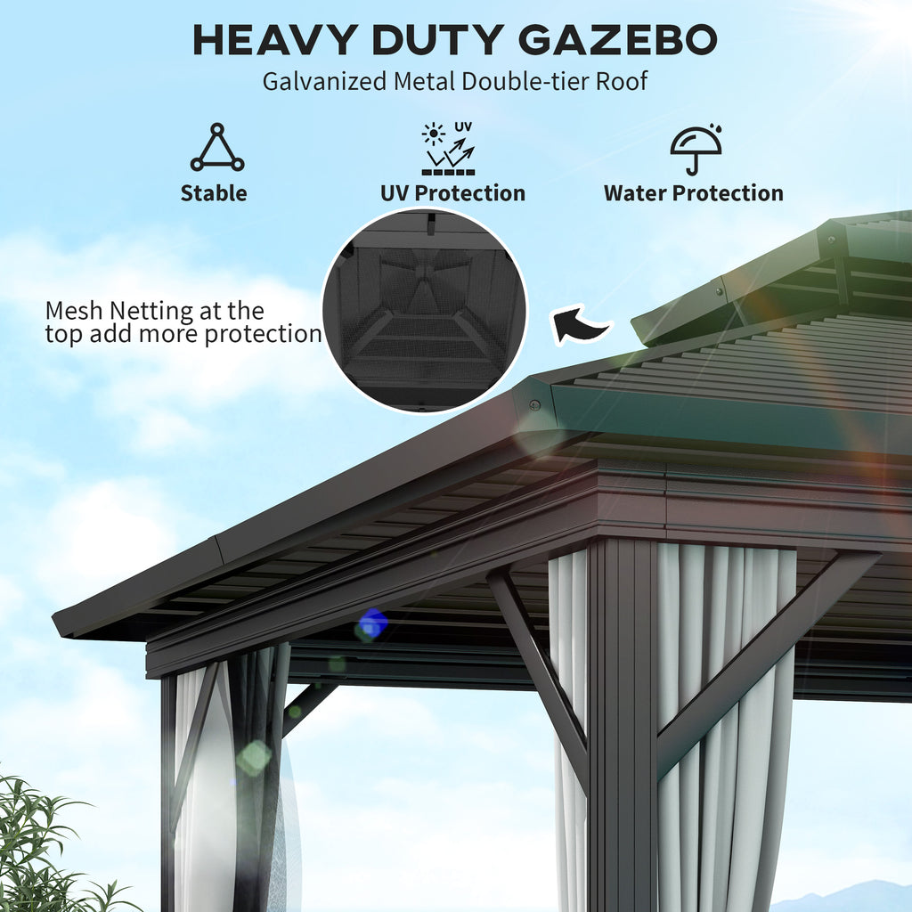 10' x 10' Hardtop Gazebo, Sun Shelter with Double Tier Metal Roof, Mosquito Netting, and Hanging Hook, Light Grey